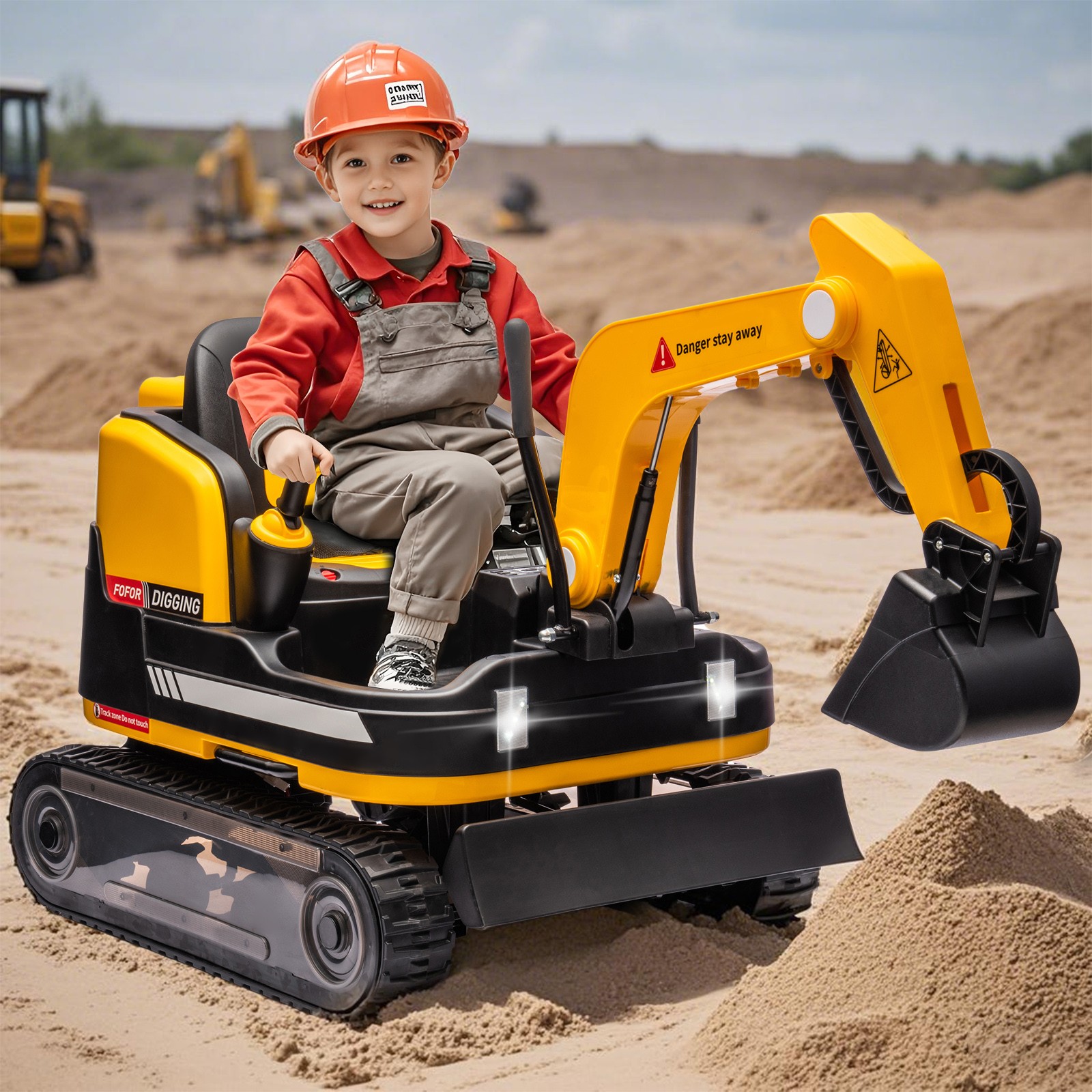 Yellow 2IN1 12V Battery Kids Ride On Excavator+Bulldozer 360°,3 Speed,MP3,Remote