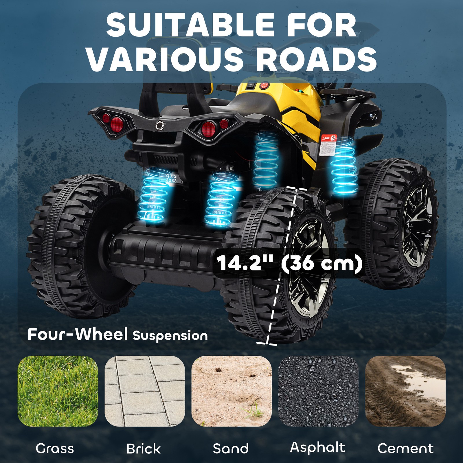 12V Kids ATV Quad Car Toy with Music & Headlights, Yellow
