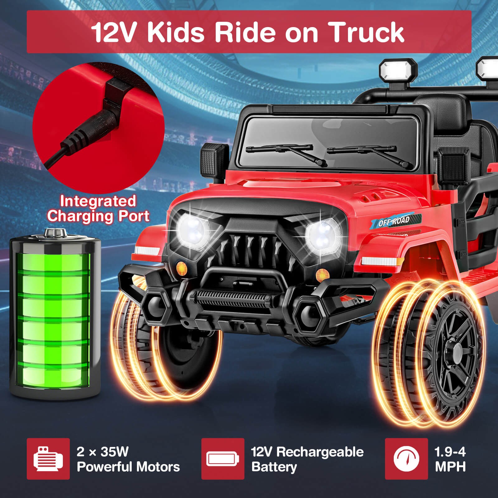 12V Kids Ride on Truck Car w/Remote Control, Threaded Wheels 3 Speeds LED Lights