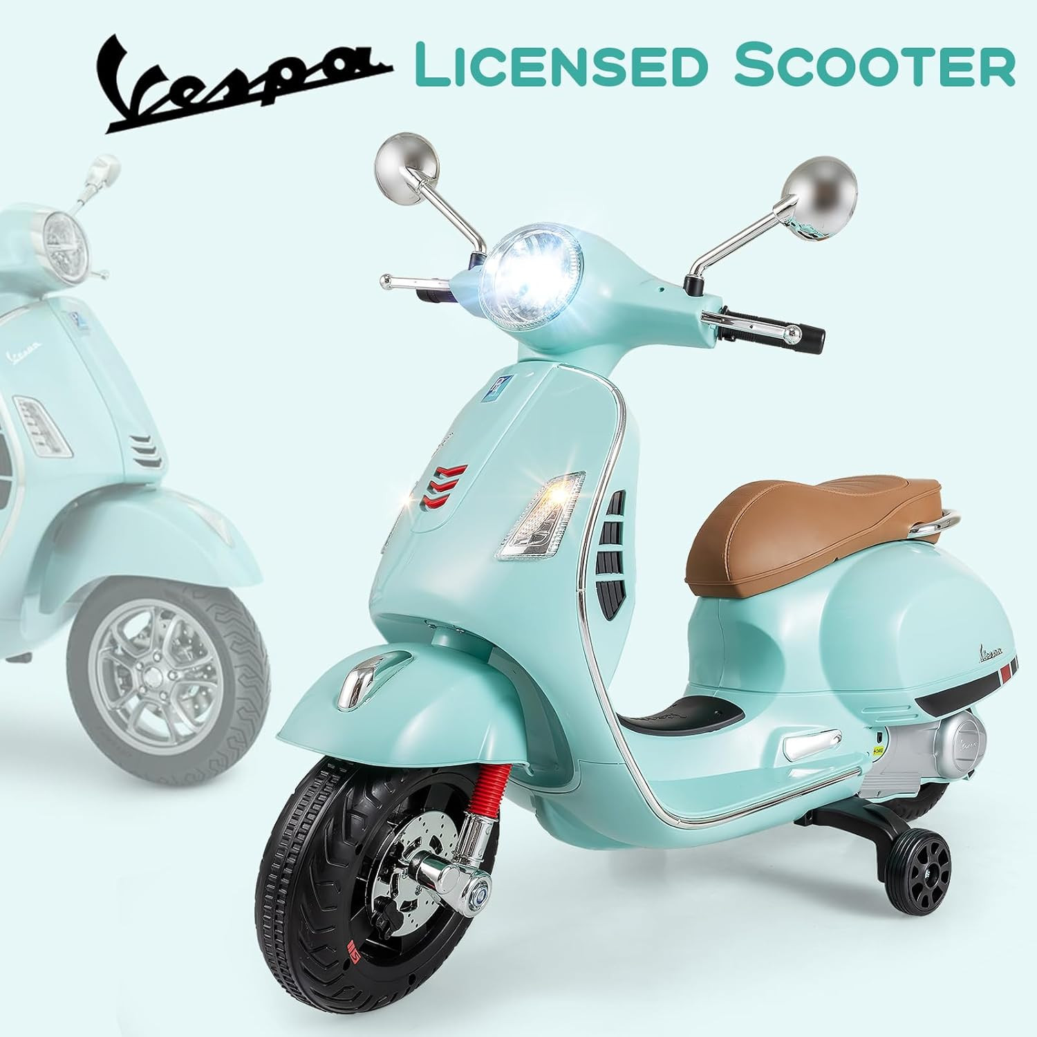 Licensed Vespa 12V Kids Motorcycle by with Training Wheels, Music, Story, Horn,