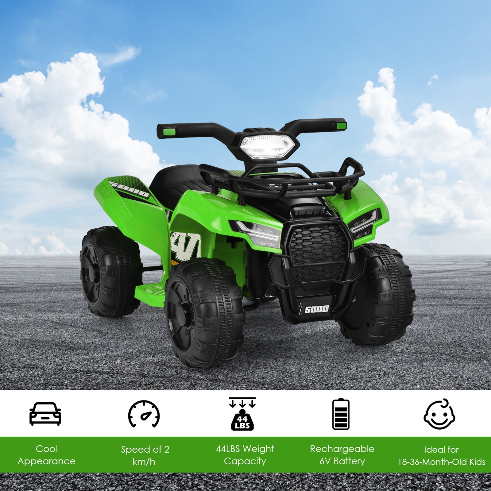 6V 4 Wheels ATV Quad Ride On Car Kids Ride-On Toy w/ Music Horn LED Light Green