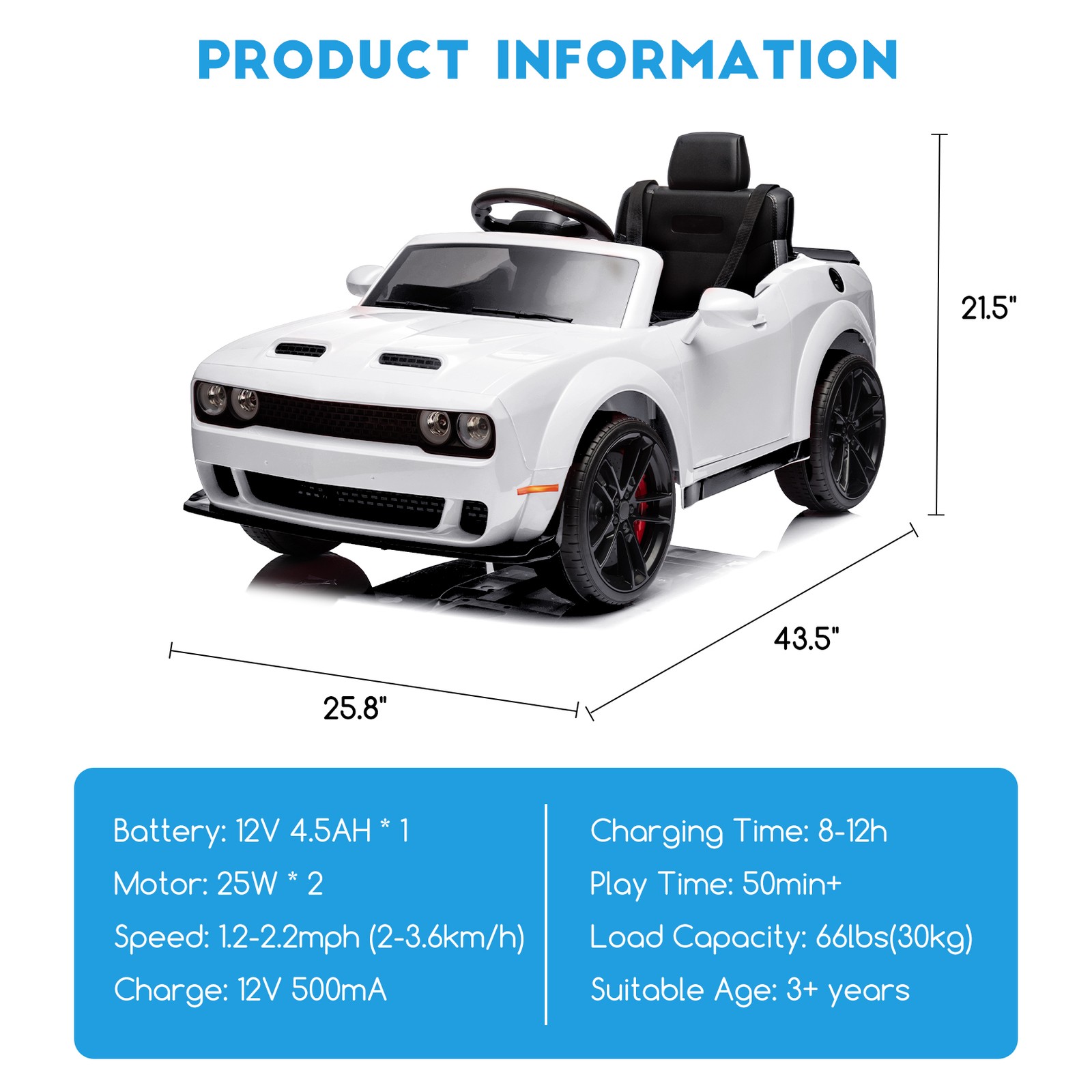 12V Ride-On Dodge Challenger Licensed, Remote Control, 3 Speeds, MP3,Safe Design