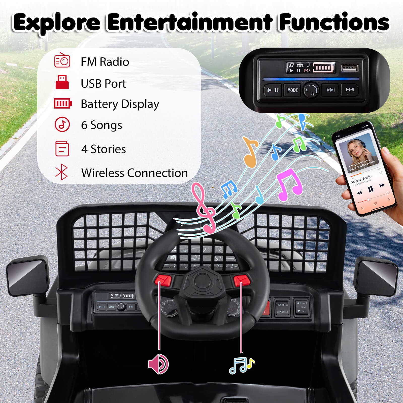 24V Ride On Car w/Remote Control Music LED Headlights Spring Suspension for Kids
