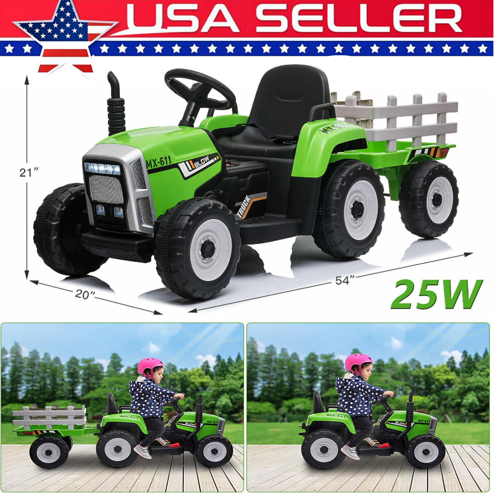 12V Kidsr Ride On Car Electric Green Tractor with Trailer Toddle w/Remote