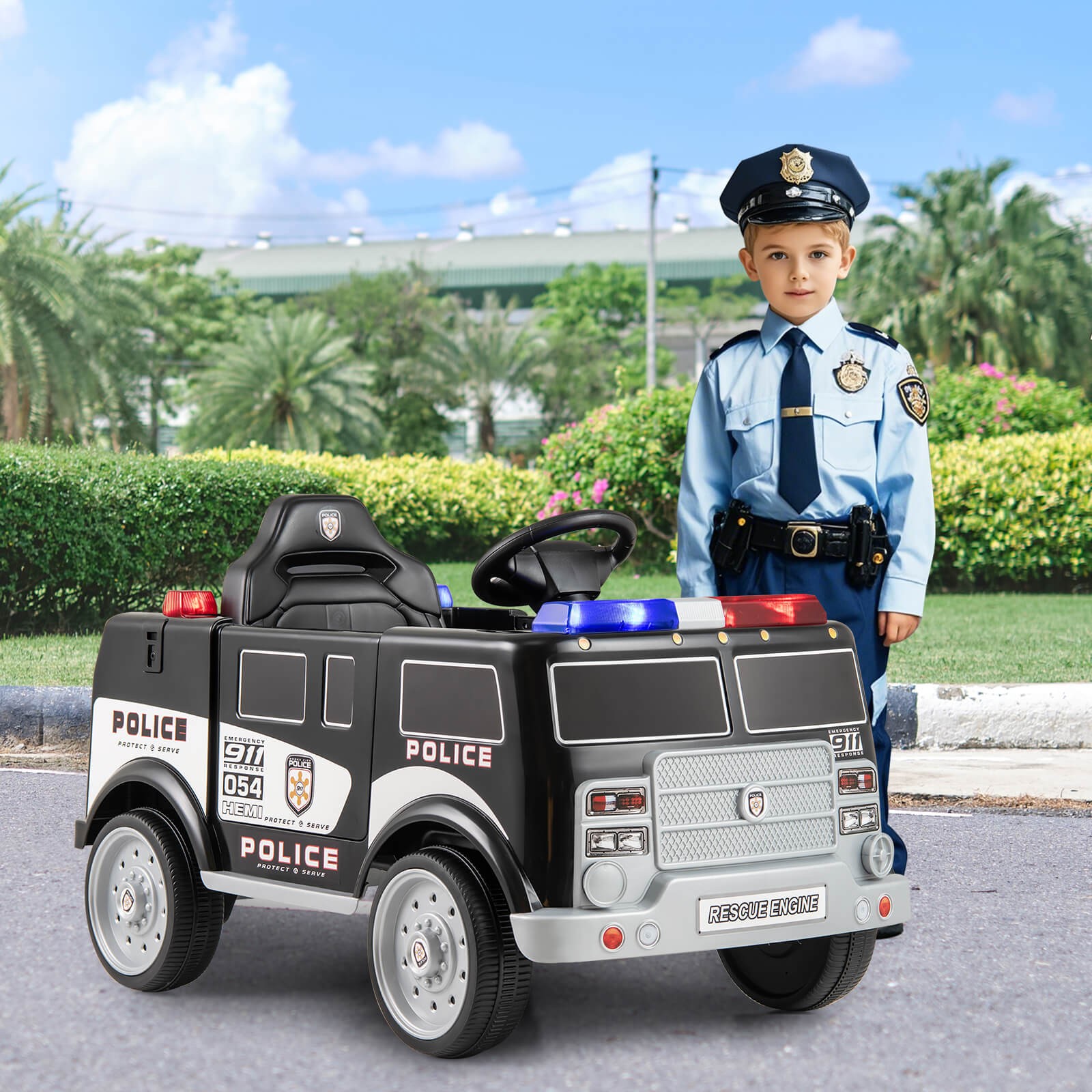Kids Ride on Police Car w/ 3 Speeds Megaphone Music FM Radio Flashing Lights