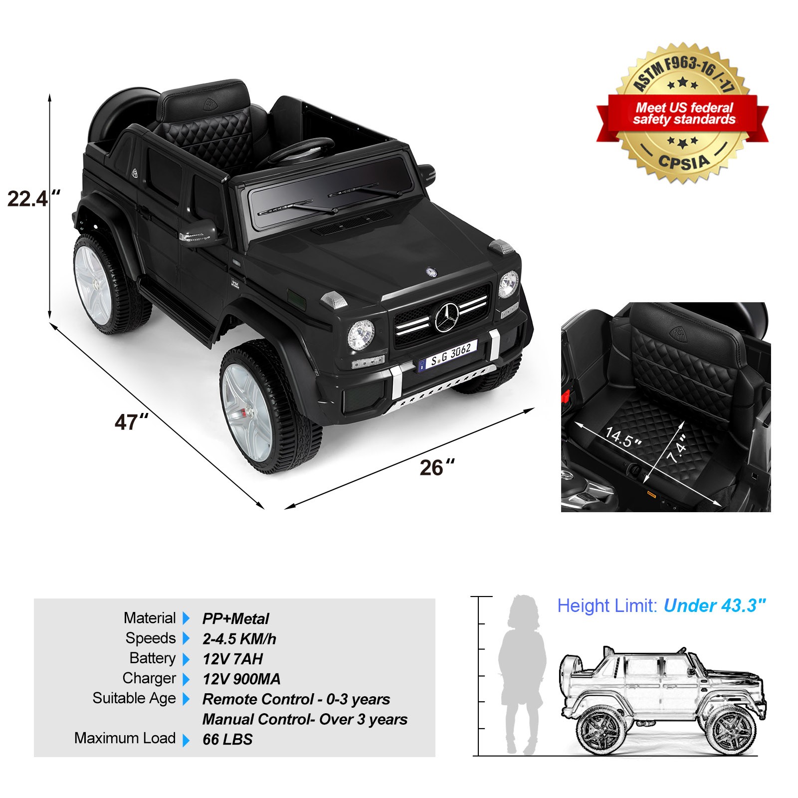 Black Electric 12V Battery Kids Ride On Car Truck ToyGift w/Remote+Light+MP3+USB