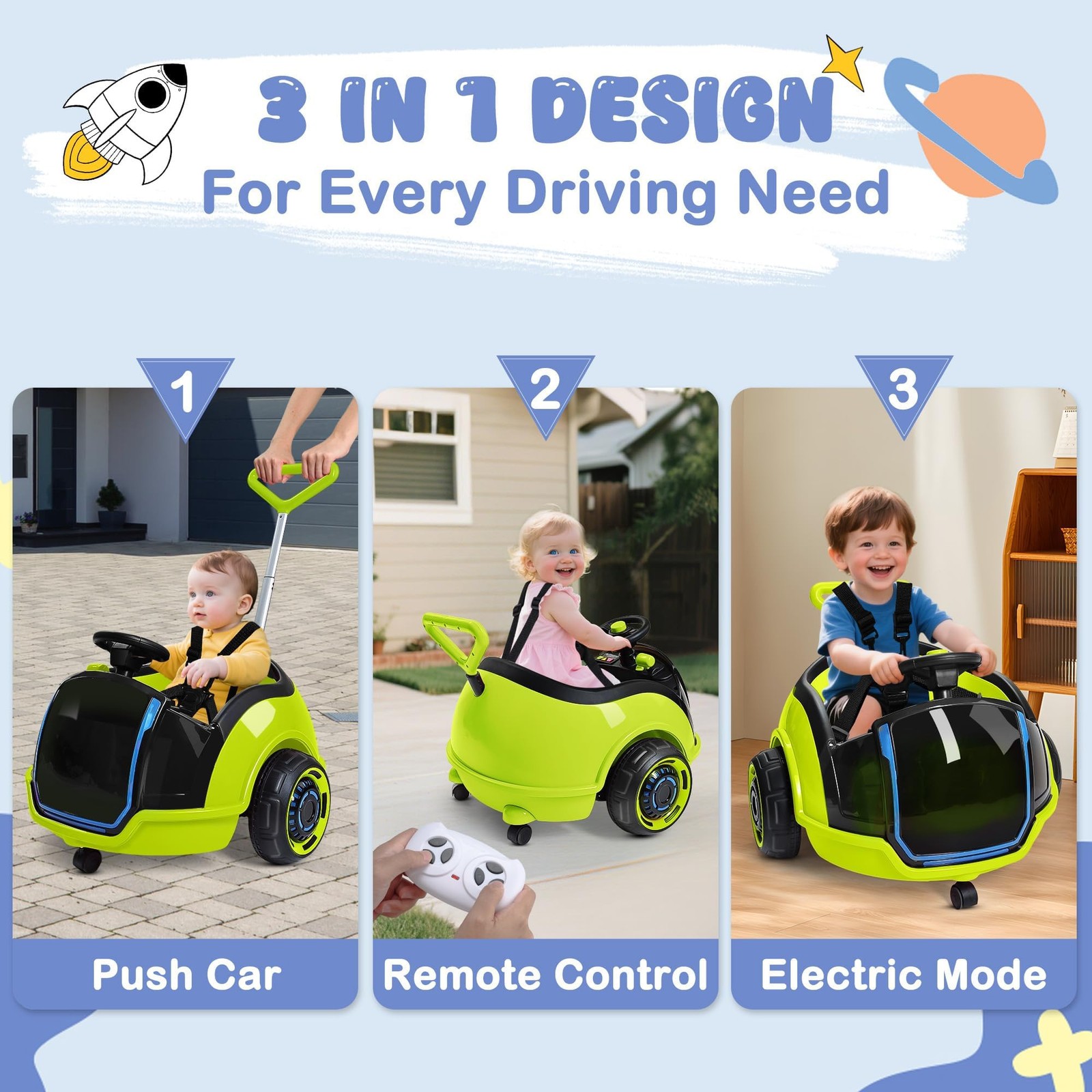 ANPABO 3-in-1 Electric Push Ride On Car, 12V Kids Ride On Toy w/Remote Contro…