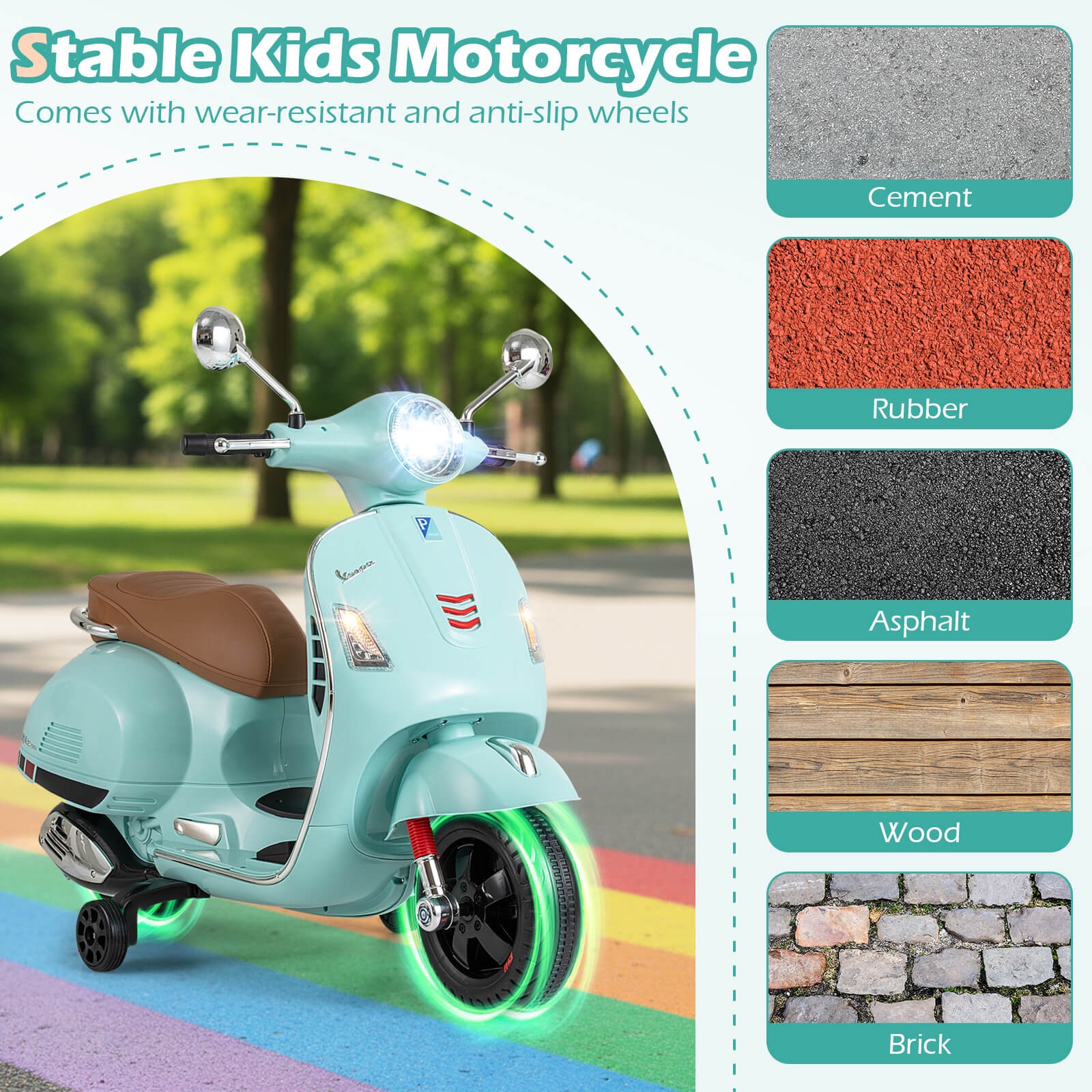 Licensed VESPA 12V Kids Electric Motorcycle w/Music Horn Story Training Wheels