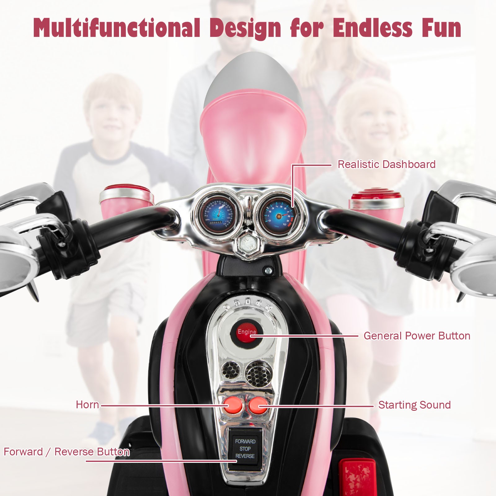 6V Kids Ride On Chopper Motorcycle 3 Wheel Trike with Headlight and Horn Pink