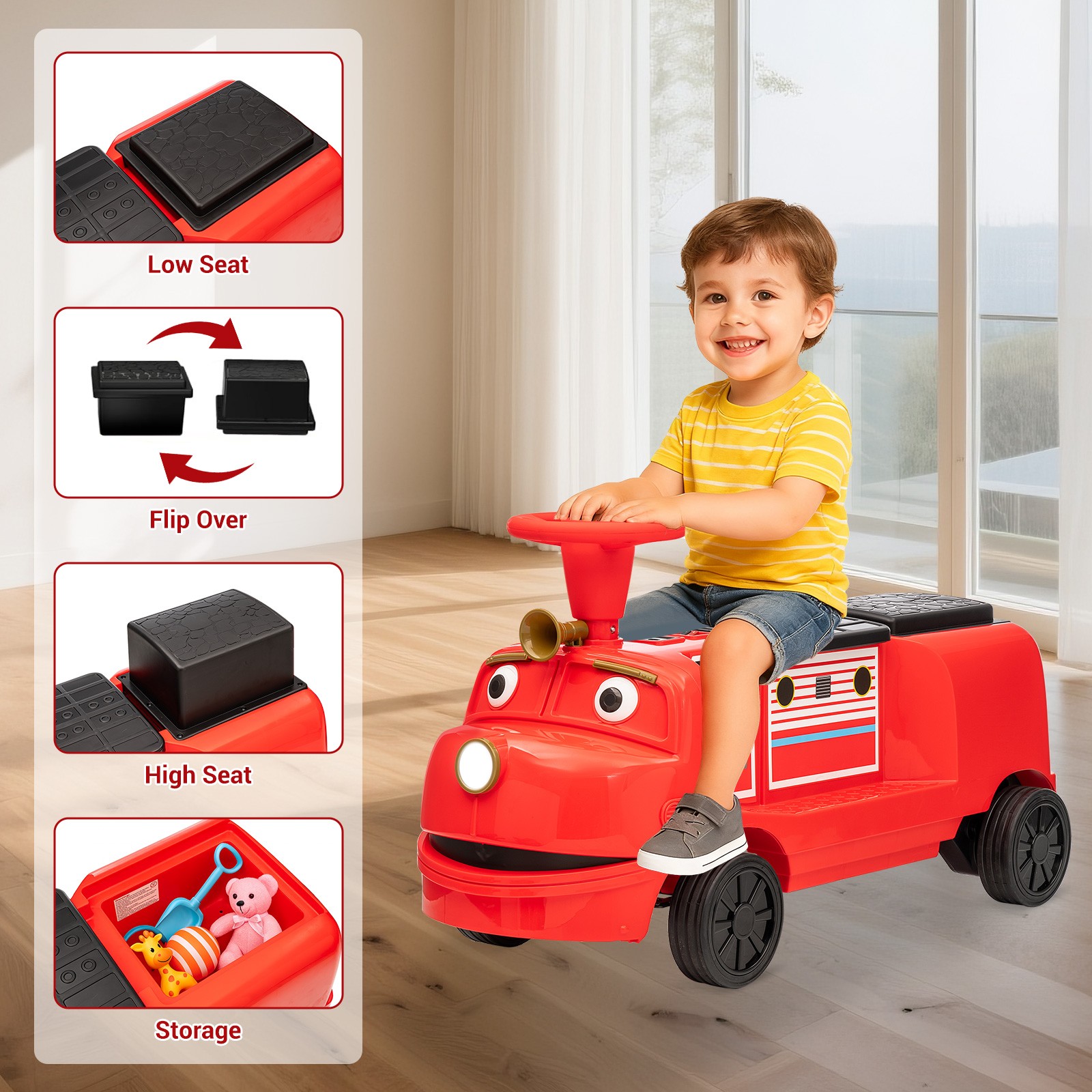 Red/Blue 12V Kids 2-Seater Ride On Train Trackless Toy Electric Car Music Lights