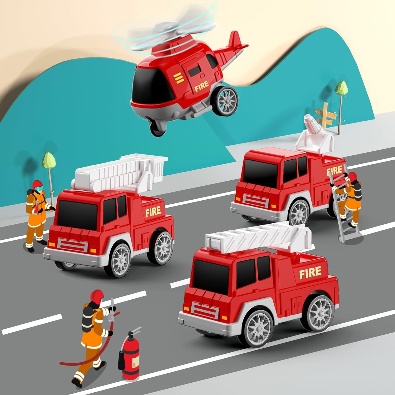 Toddlers Fire Truck for Kids 3-9 Year Old，5 in 1 Friction Power Vehicle Car for