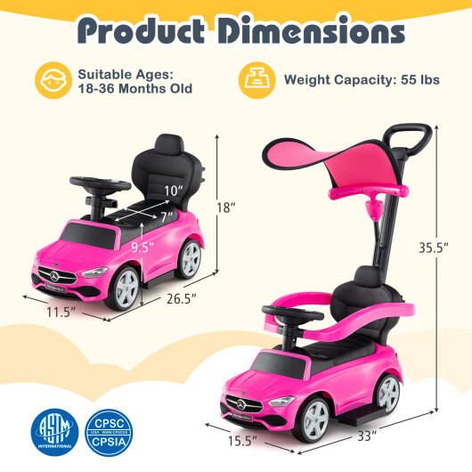 3-in-1 Ride on Push Car Mercedes-Benz Licensed Sliding Car with Canopy-Pink – Co