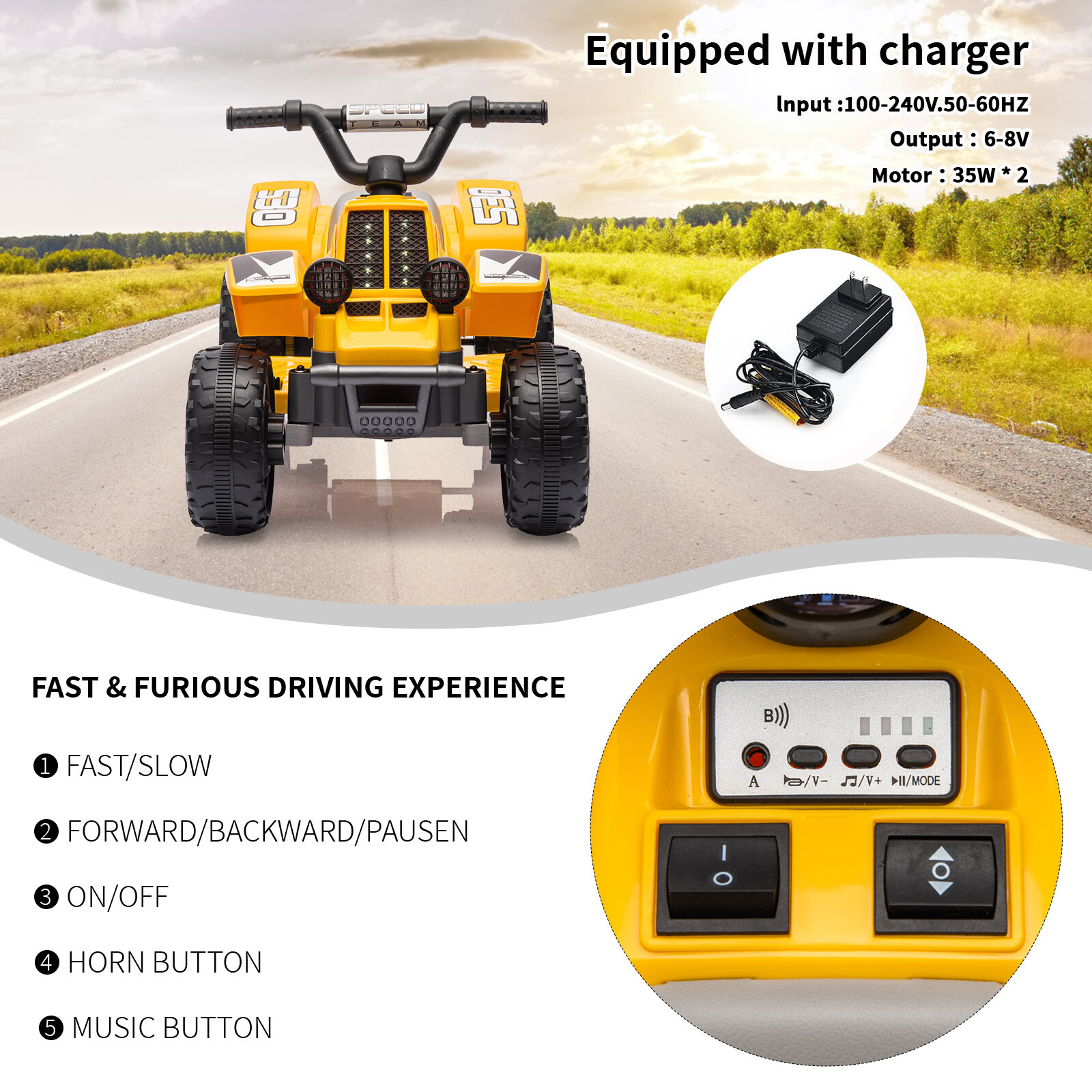 Electric Ride On 6V Kids ATV 4 Wheeler W/Led Lights for Toddlers Aged 1-3 Years
