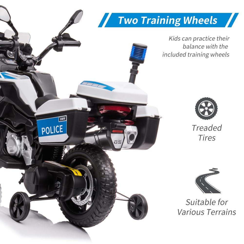 Kids Motorcycle Ride On Police Motorcycle 12V Battery Powered w/ Training Wheels