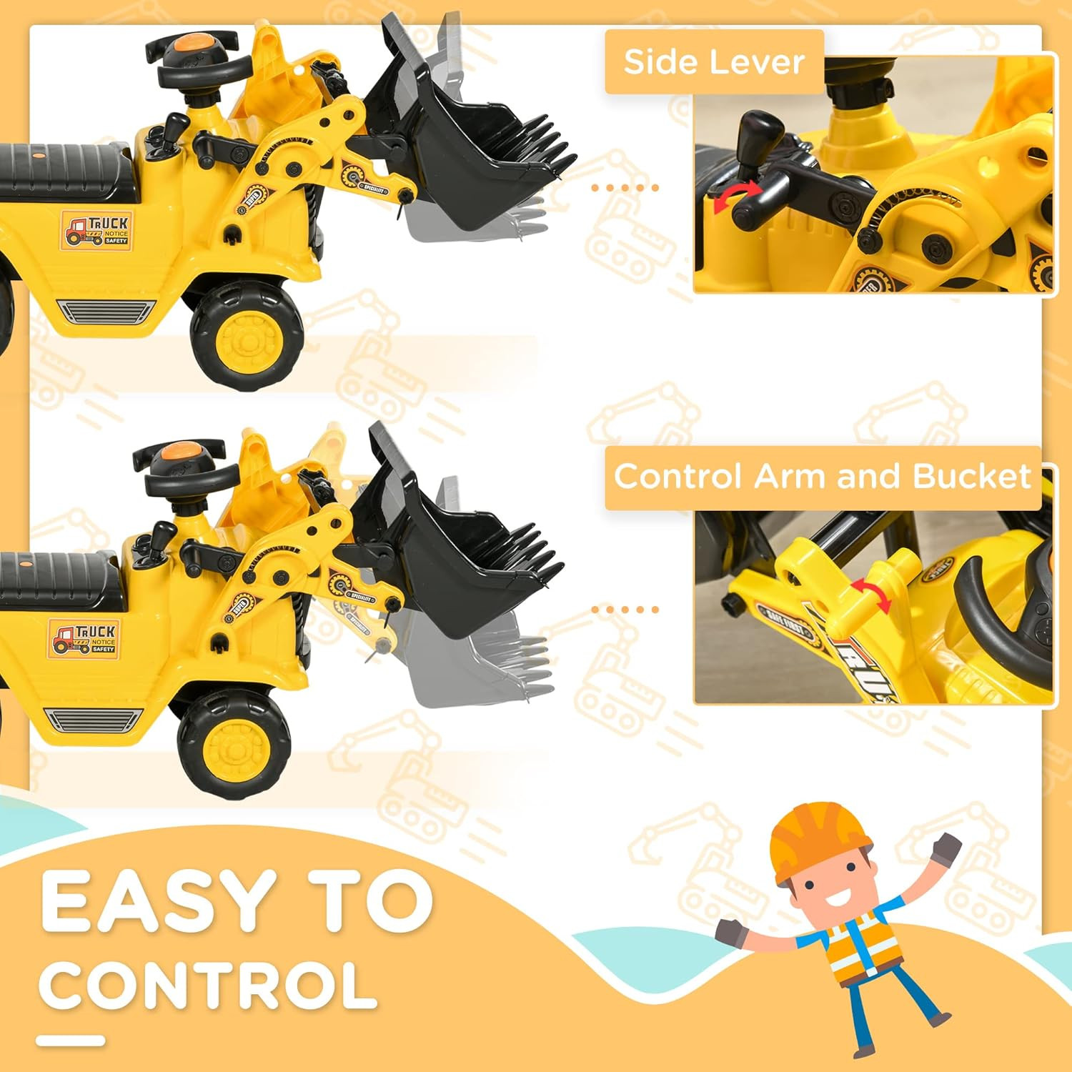 Ride on Excavator, Kids Bulldozer Pull Cart with Horn, under Seat Storage, Sit a