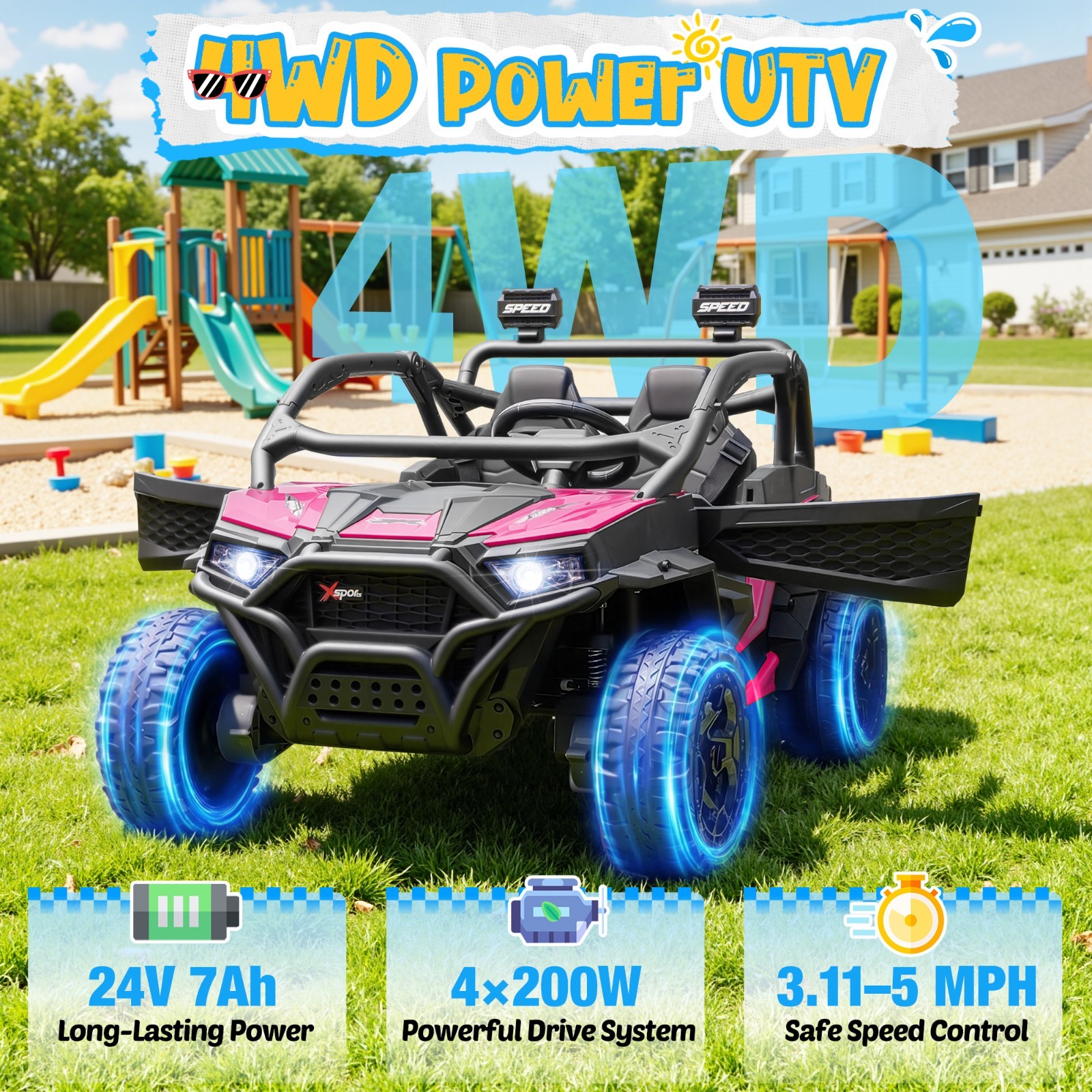 24V 4WD Kids Electric Off-Road UTV with 4-Wheel Suspension, Remote Control, LED