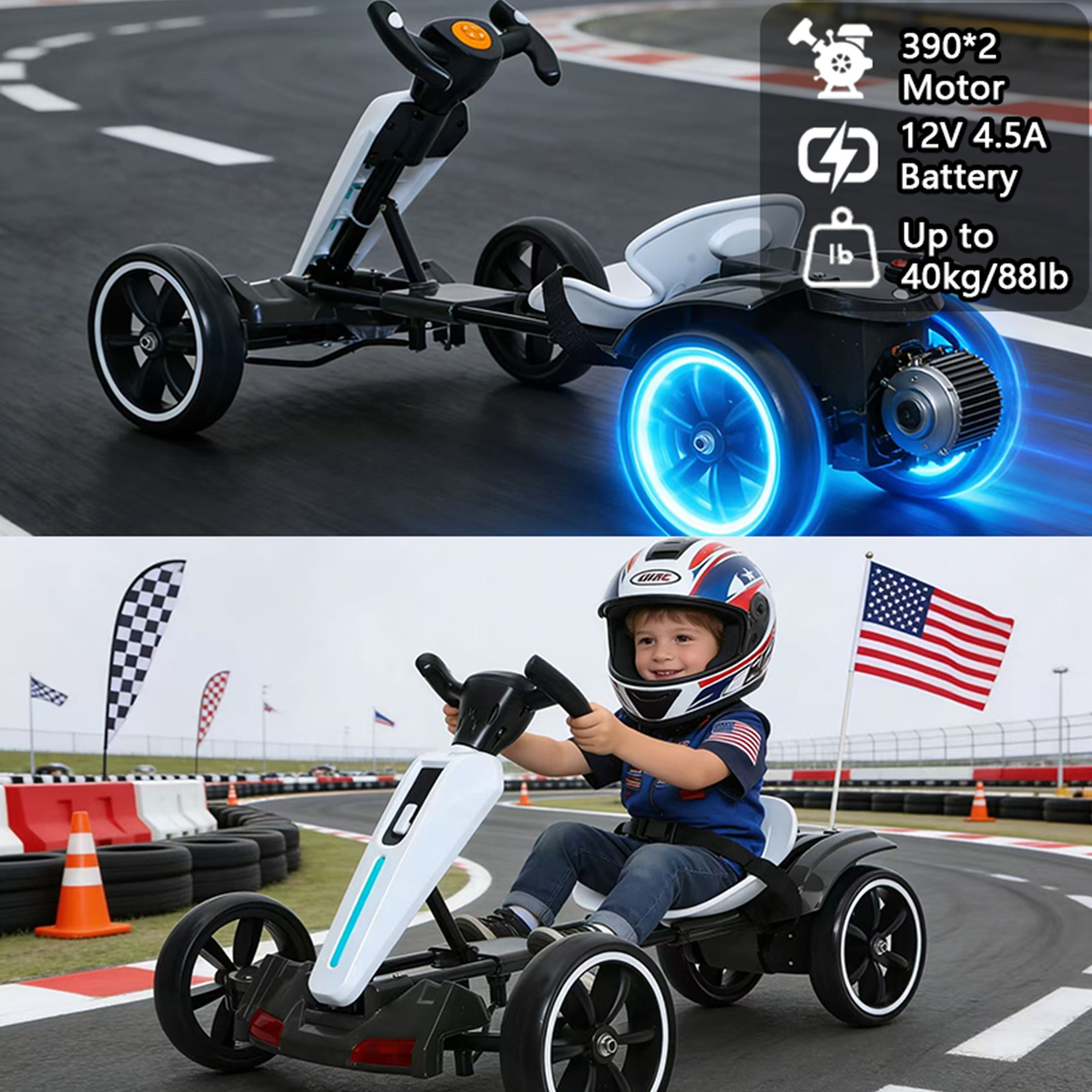 12V Electric Go Kart for Kids Drift Kart Ride on Toy with Adjustable Seat, White