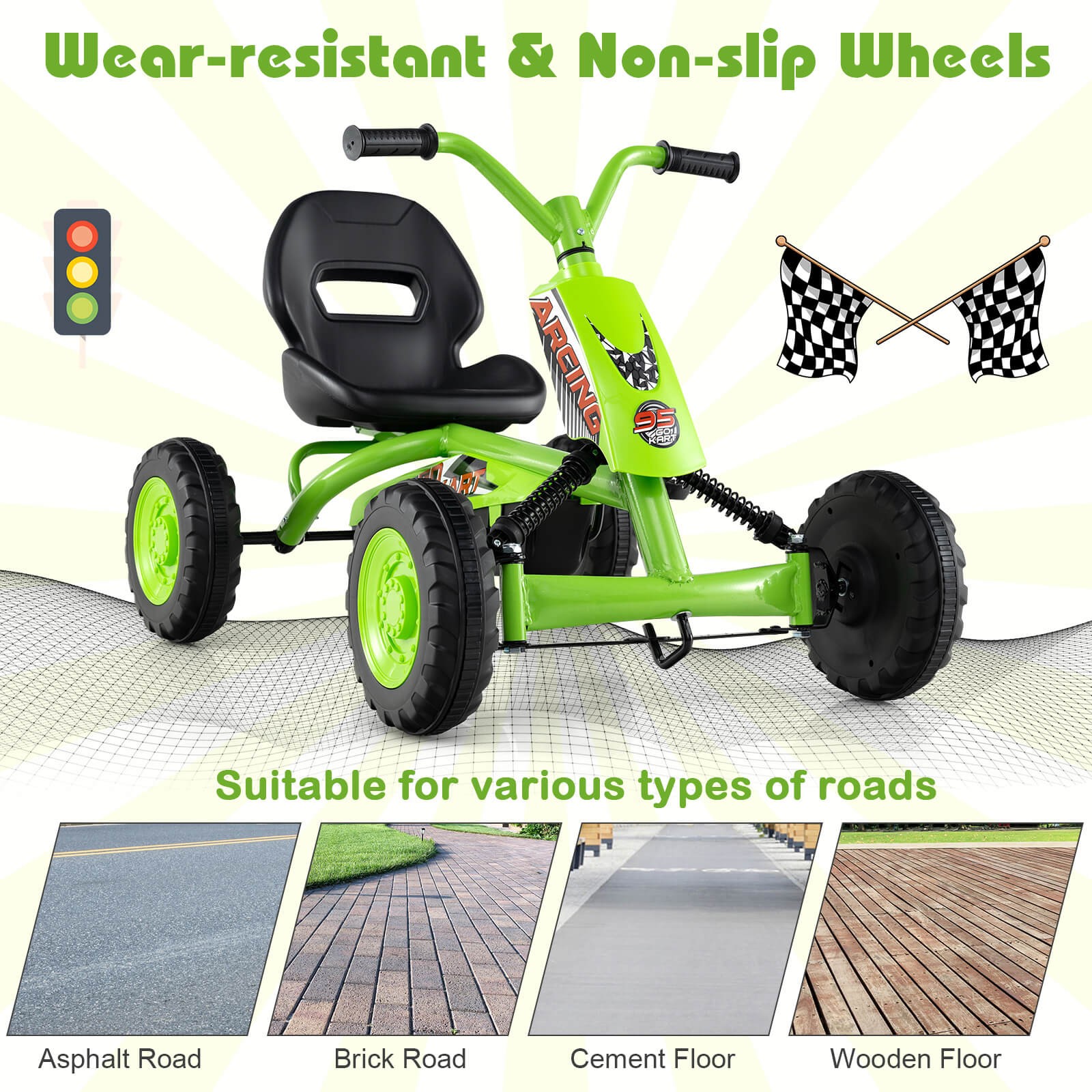Go Kart for Kids 4 Wheel Toddler Ride On Pedal Car w/ Steering Handlebars