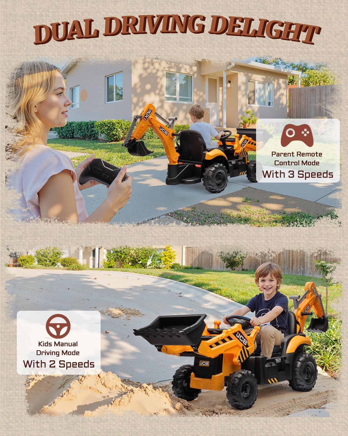 JCB 3CX Licensed 24V Excavator Ride on Toys for Kids, Backhoe Digger Toy with Re