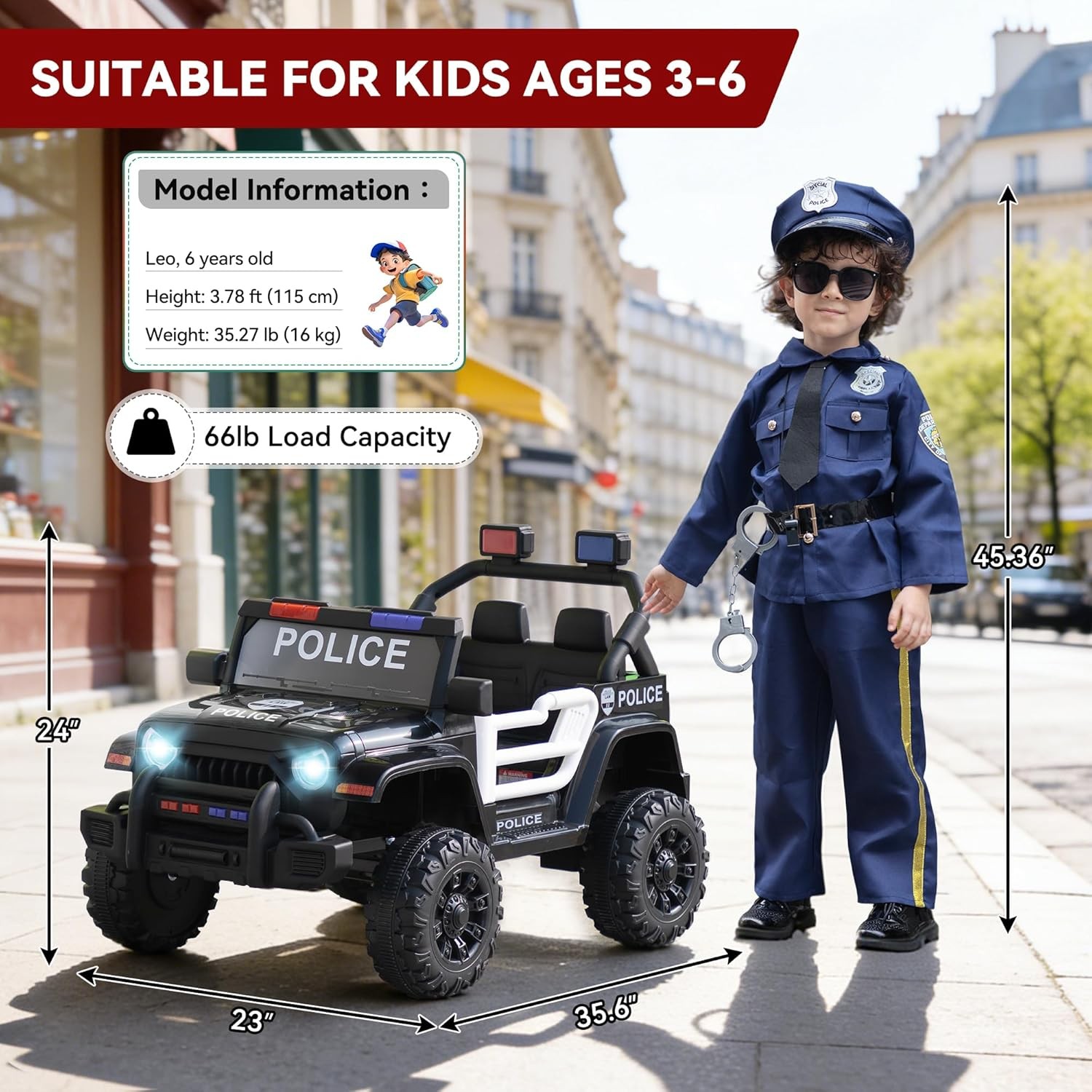 12V Police Car Ride-on Truck, Battery-Operated Electric Vehicle for Kids w/Music