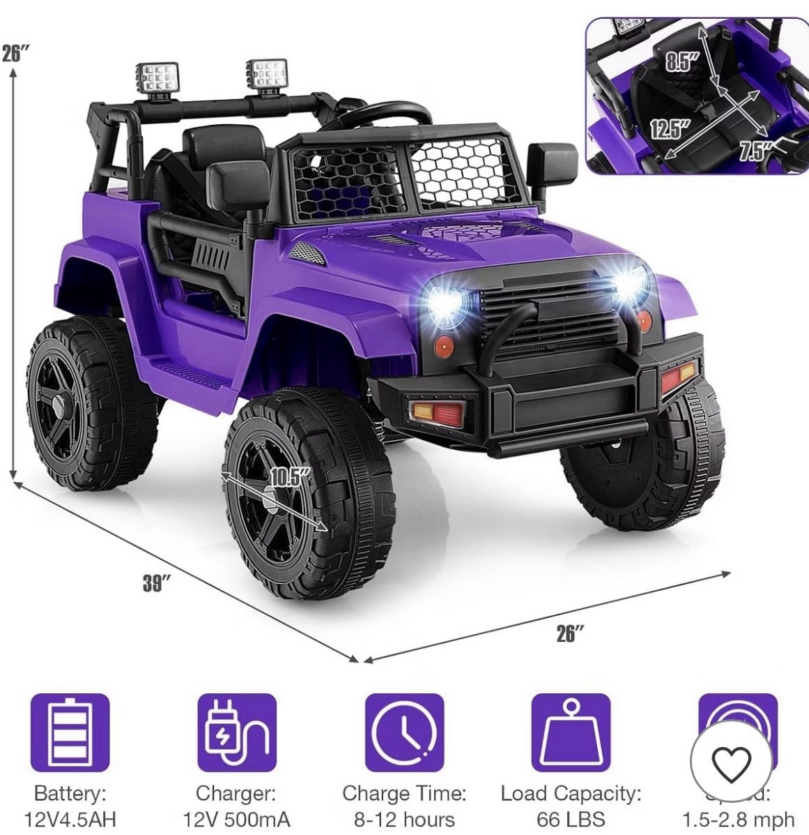 Purple 12V Kids Ride-On Car w/ Remote, Charger, Headlights, Lockable Doors