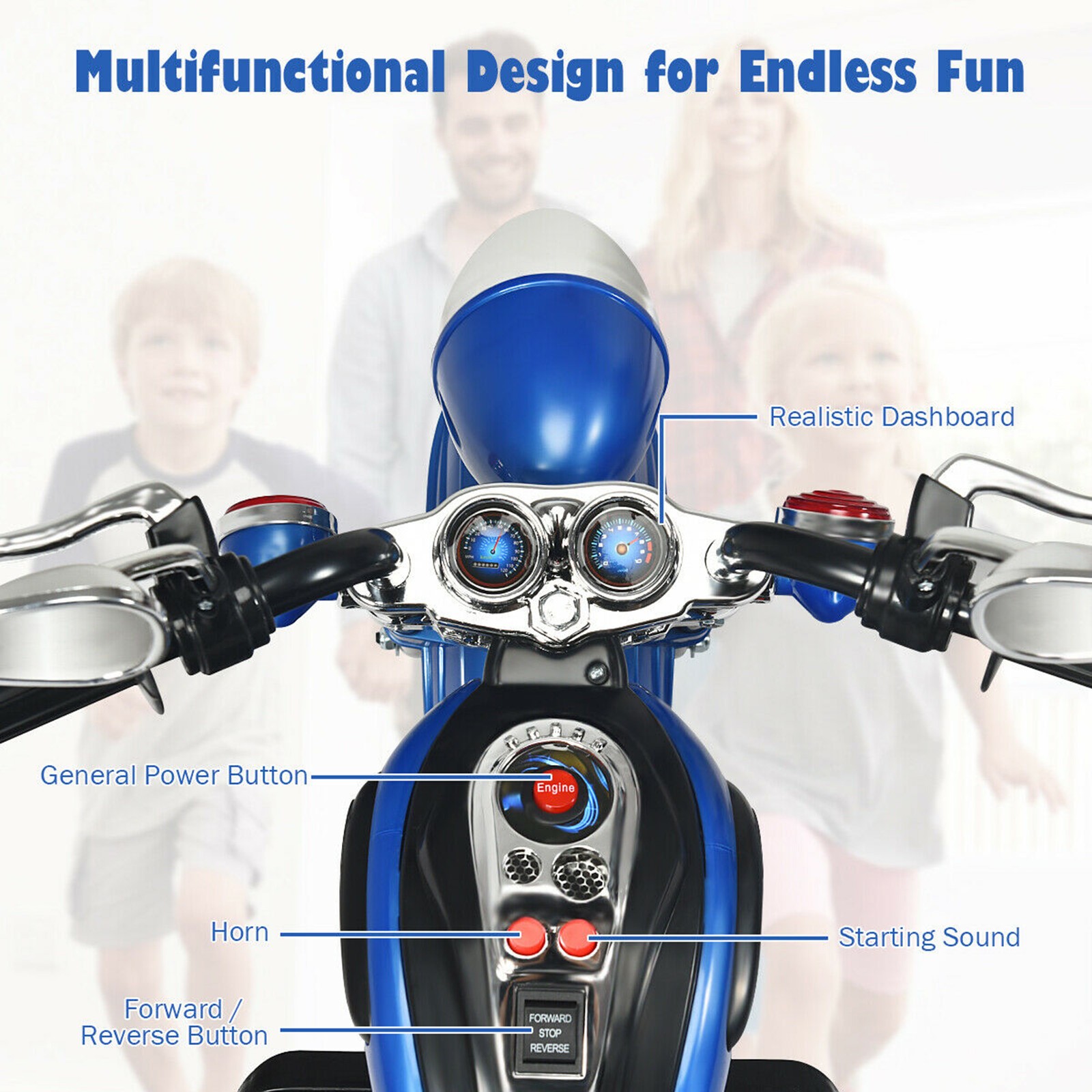 6V Kids Ride On Chopper Motorcycle 3 Wheel Trike with Headlight Blue