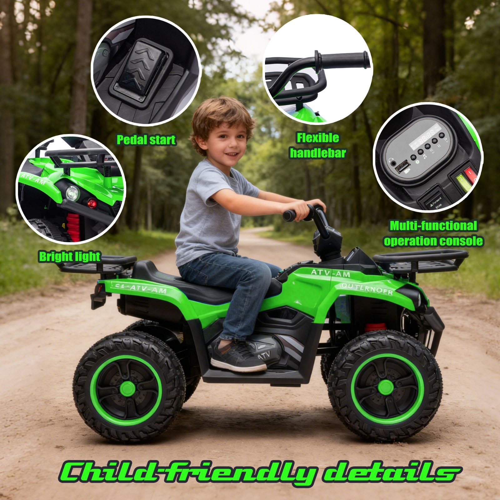 24V Kids Ride On ATV, 160W Off-Road Toys w/LED, Dual Storage Racks, Green