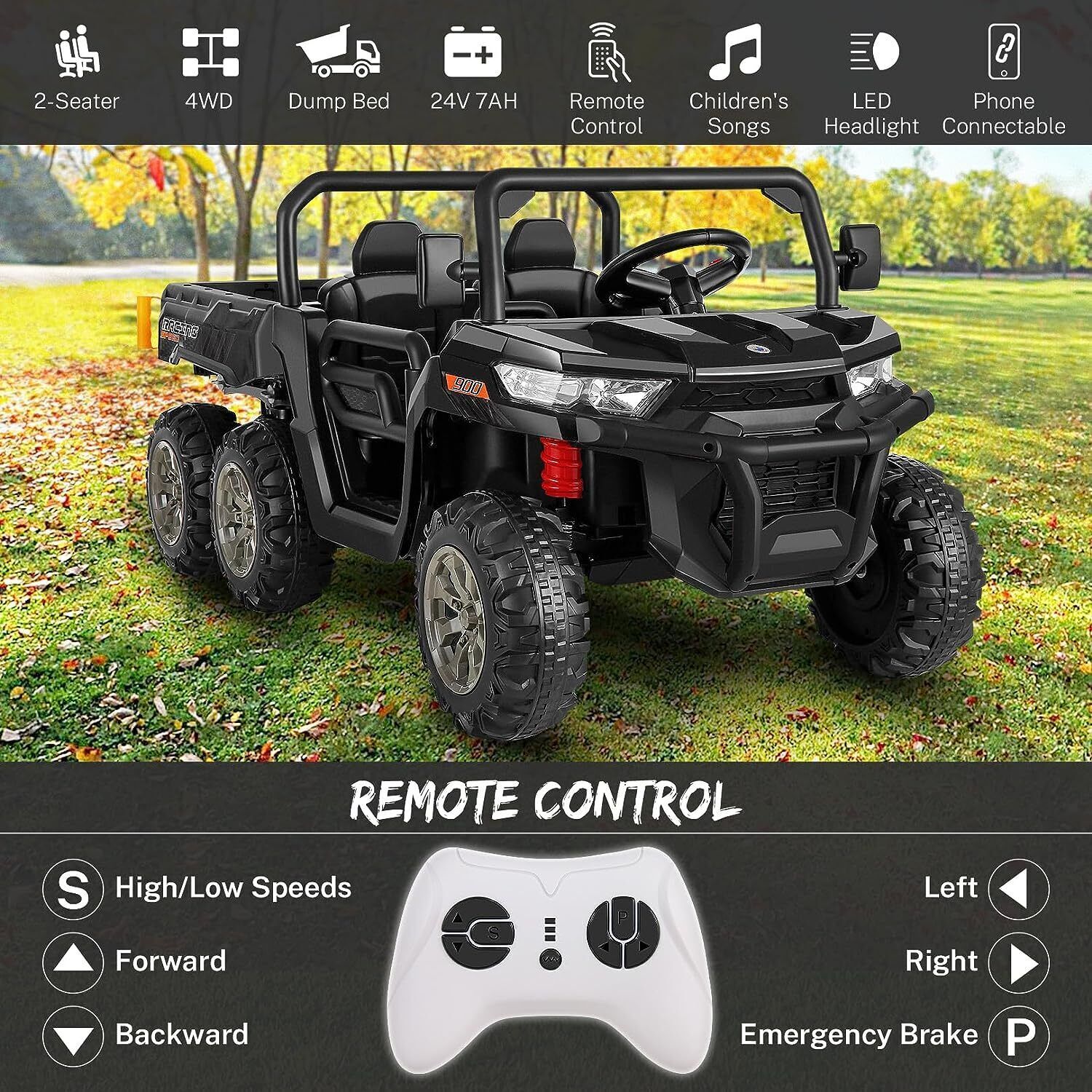 24V Kids Electric Car 4WD 2 Seater Ride On Truck with Electric Dump Bed 6 Wheels