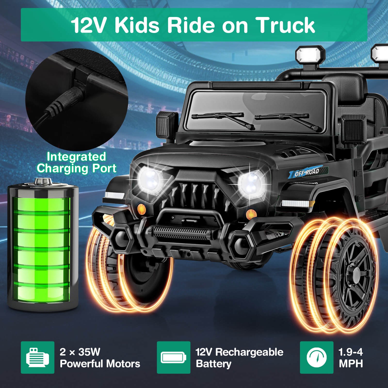 12V Kids Ride on Truck Car W/Remote Control Threaded Wheels 3 Speeds LED Lights