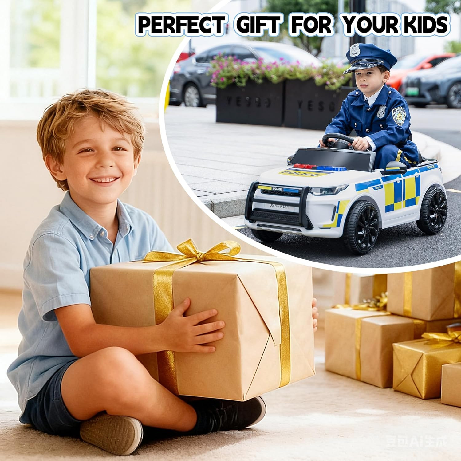 Kids Electric Ride on Police Car, Toddlers Battery-Powered Cop Toy to Drive, 27W