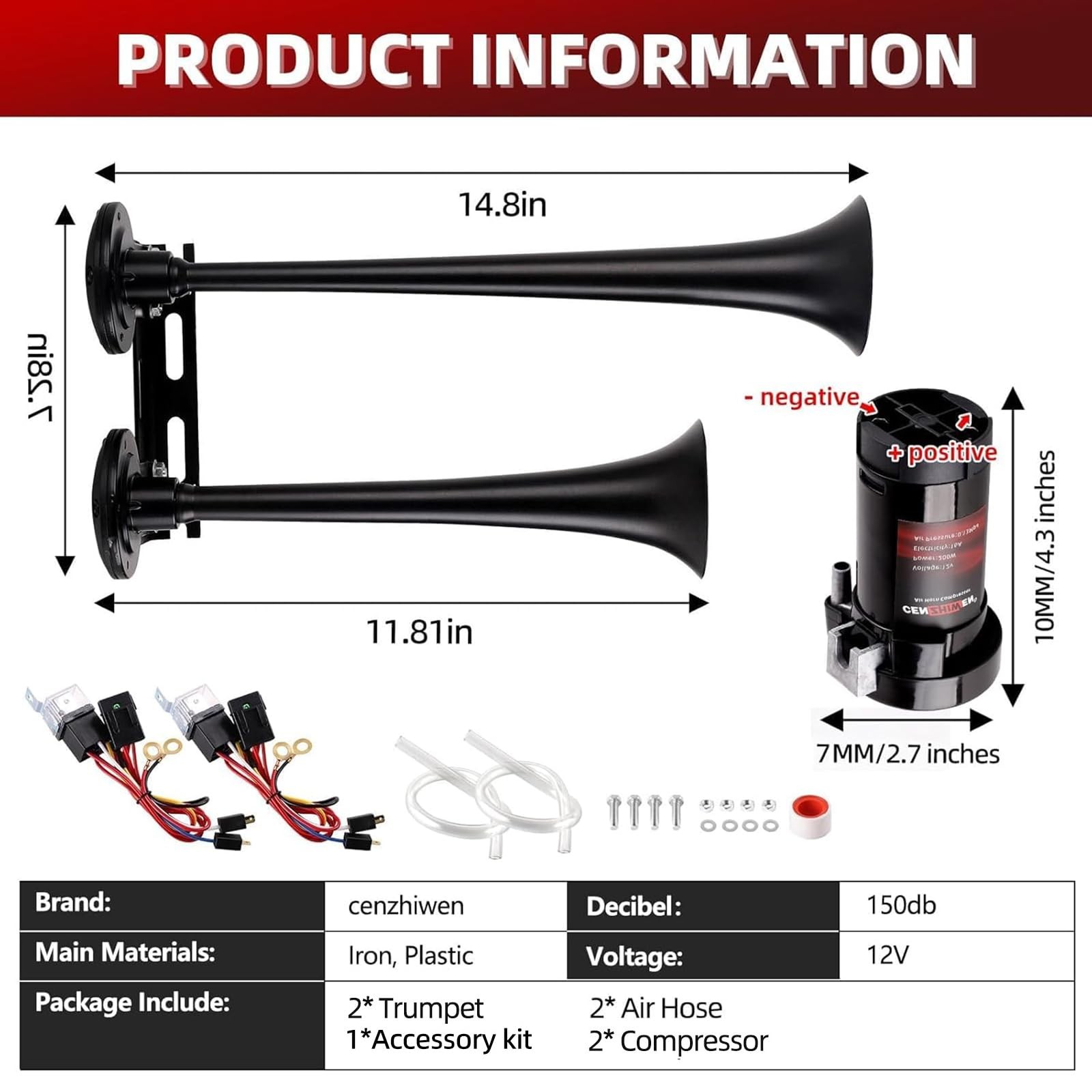Dual 2Trumpet Metal Air Horn Kit with 2 Compressors 150dB Loud Truck Horn