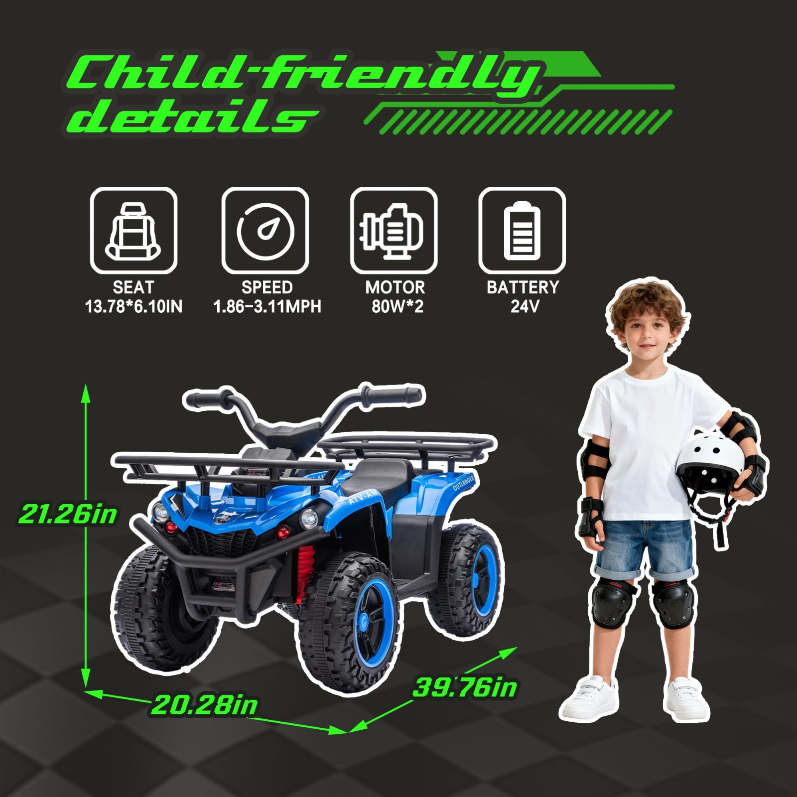 24V Kids Ride On ATV, 160W Off-Road Toys w/LED, Dual Storage Racks,Blue