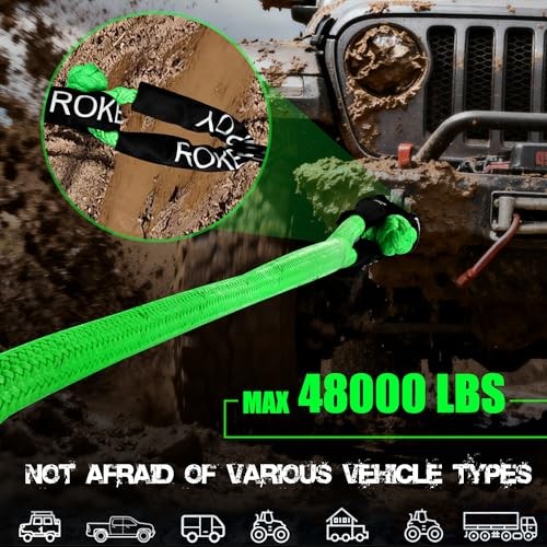 1″ x 30ft Heavy-Duty Kinetic Recovery Rope(Reflective)，2 Soft Shackles,30%