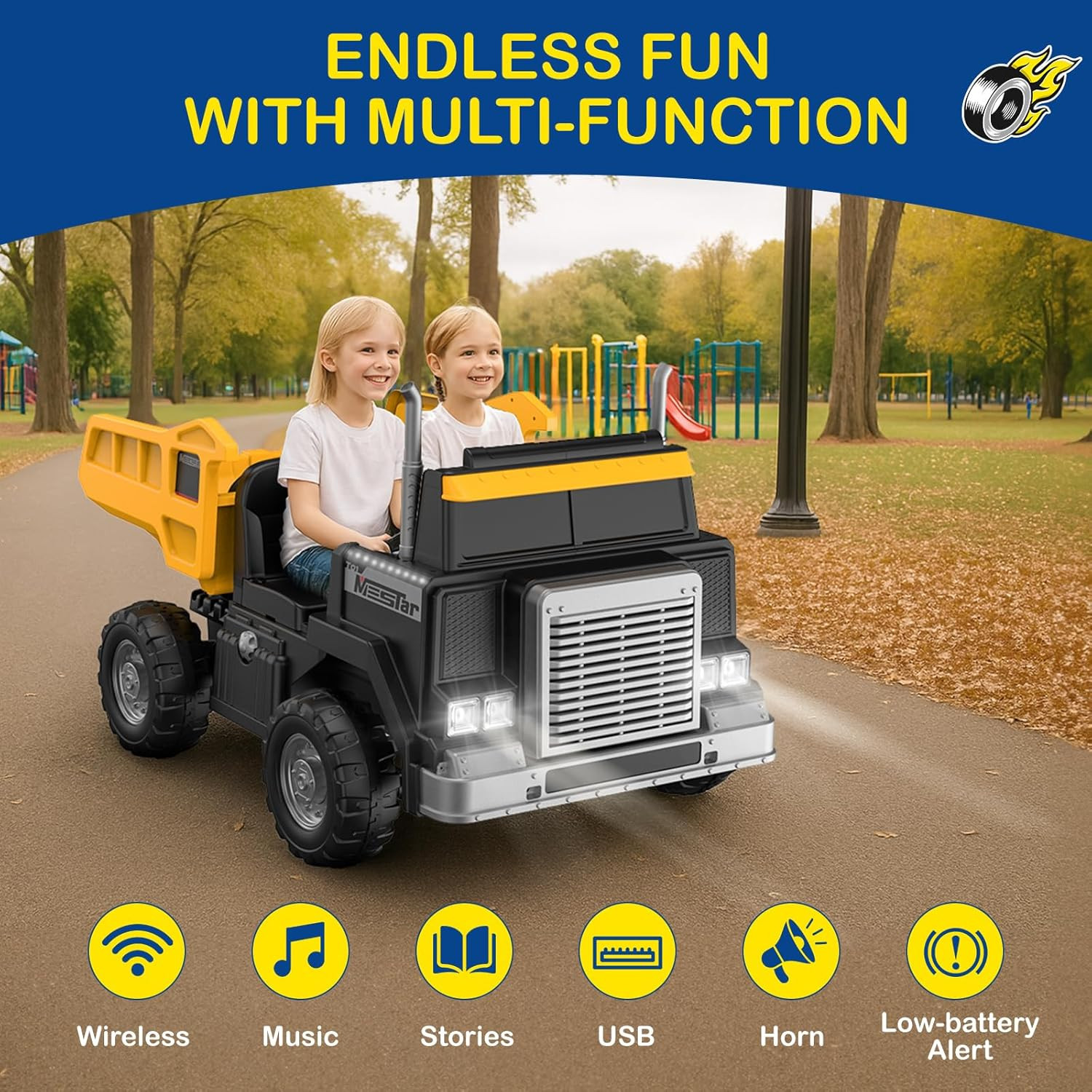 OP60 24V 2-Seater Ride on Dump Truck for Big Kids, 2X200W Powerful Rear Motors,