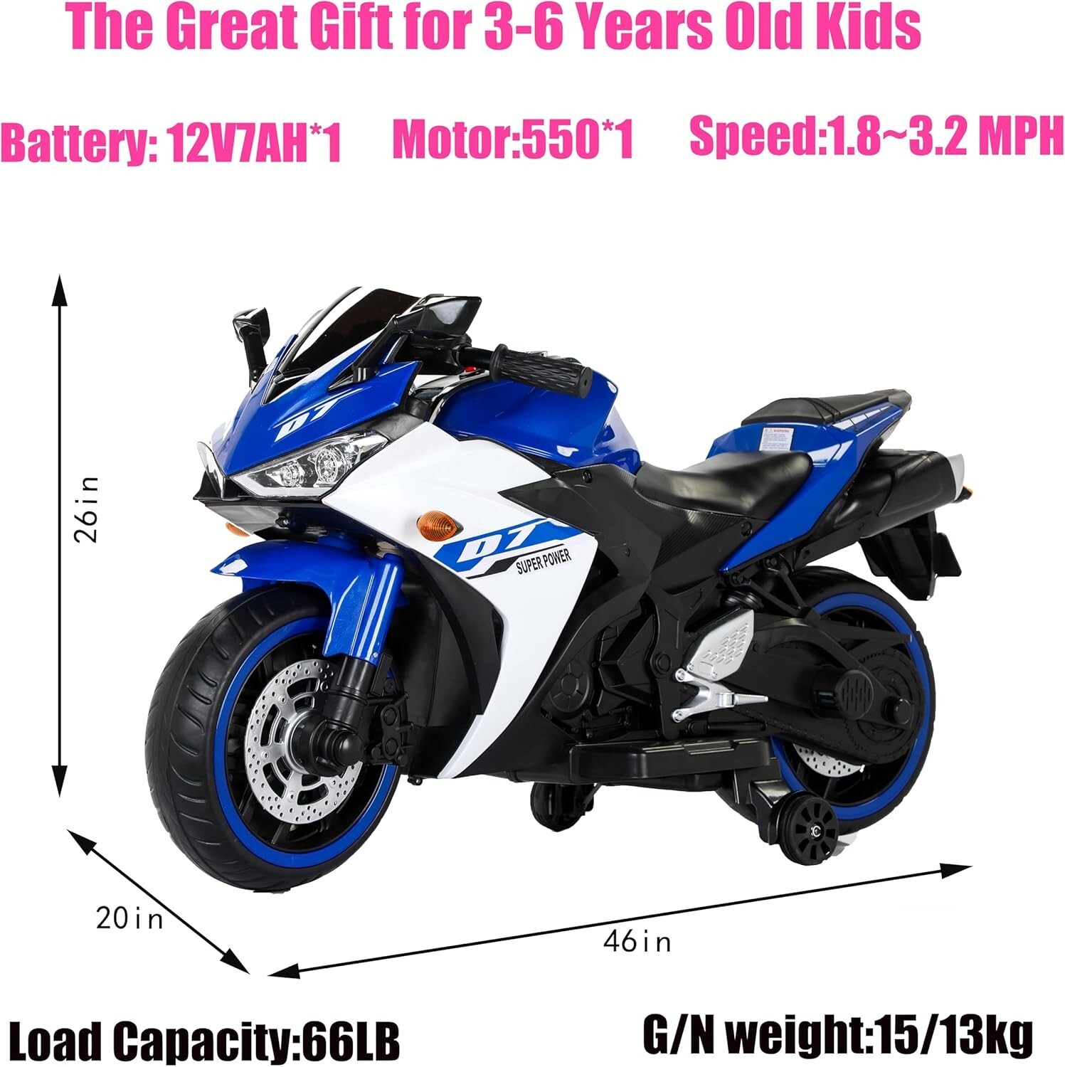 Kids Electric Motorcycle with Wheels for 3-8 Years Boys Girls,Blue White