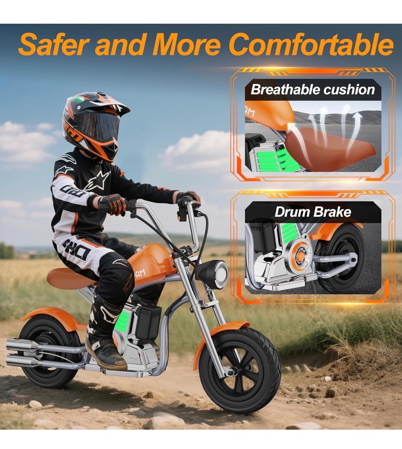 Kids Electric Dirt Bike 24V, LED Lights, Rear Brake, Leather Seat, Up to 10MPH