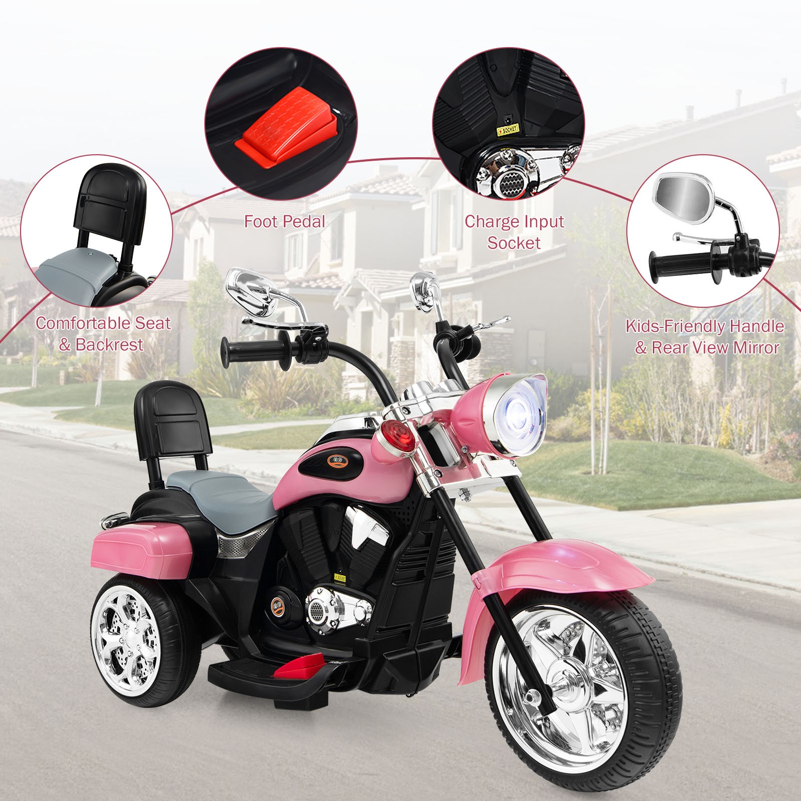 6V Kids Ride On Chopper Motorcycle 3 Wheel Trike with Headlight and Horn Pink