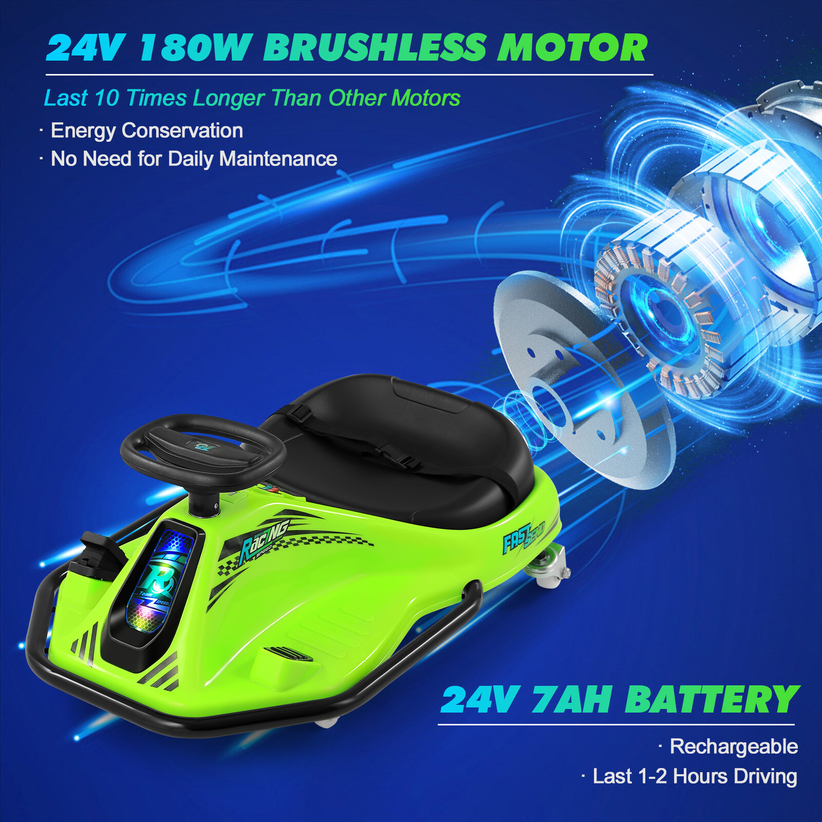 360° 24V Kids Electric Drifting Go Kart Ride On Cart with Bluetooth (Green)