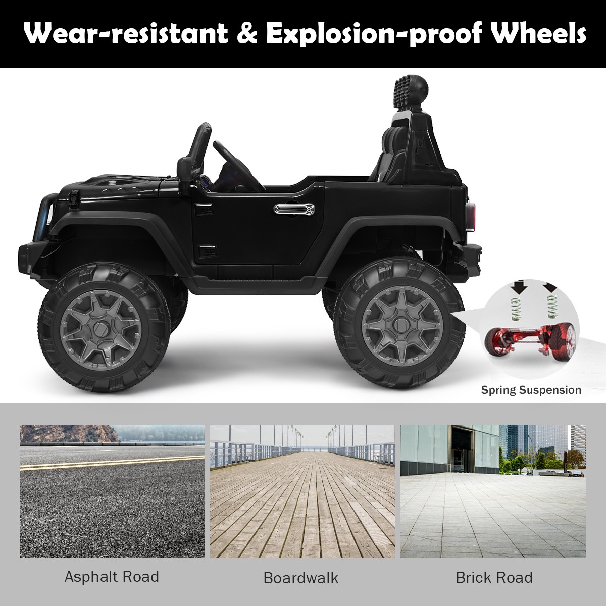 12V Kids Ride On Truck RC Car Spring Suspension w/ Light & Music Trunk Black