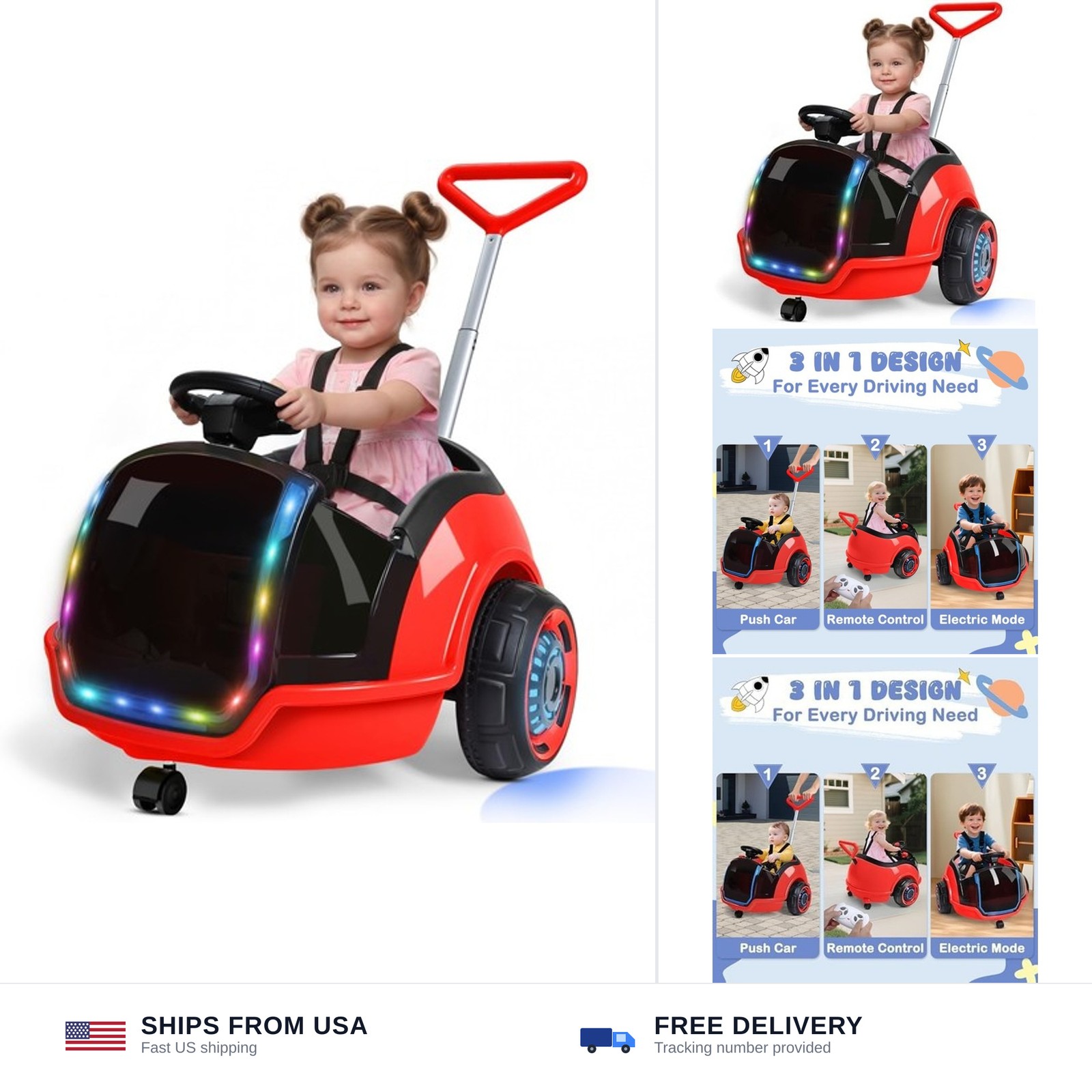 ANPABO 3-in-1 Electric Push Ride On Car, 12V Kids Ride On Toy w/Remote Contro…