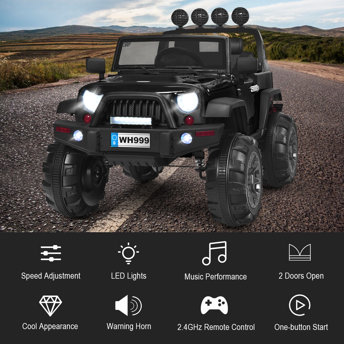 12V Kids Ride On Truck RC Car Spring Suspension w/ Light & Music Trunk Black