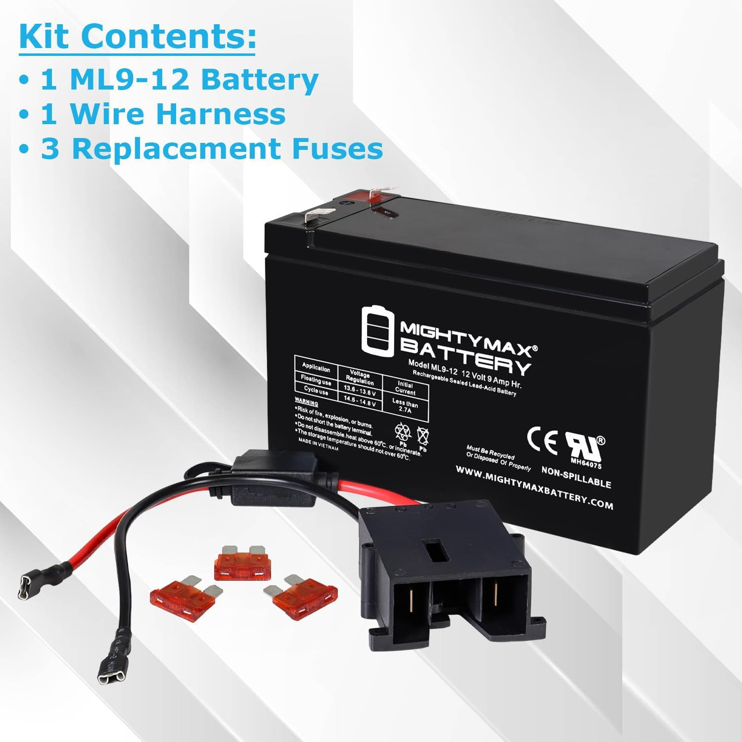 Drop in Replacement for 12V Power Wheels Ride on Toy 9Ah Battery Kit and Harness