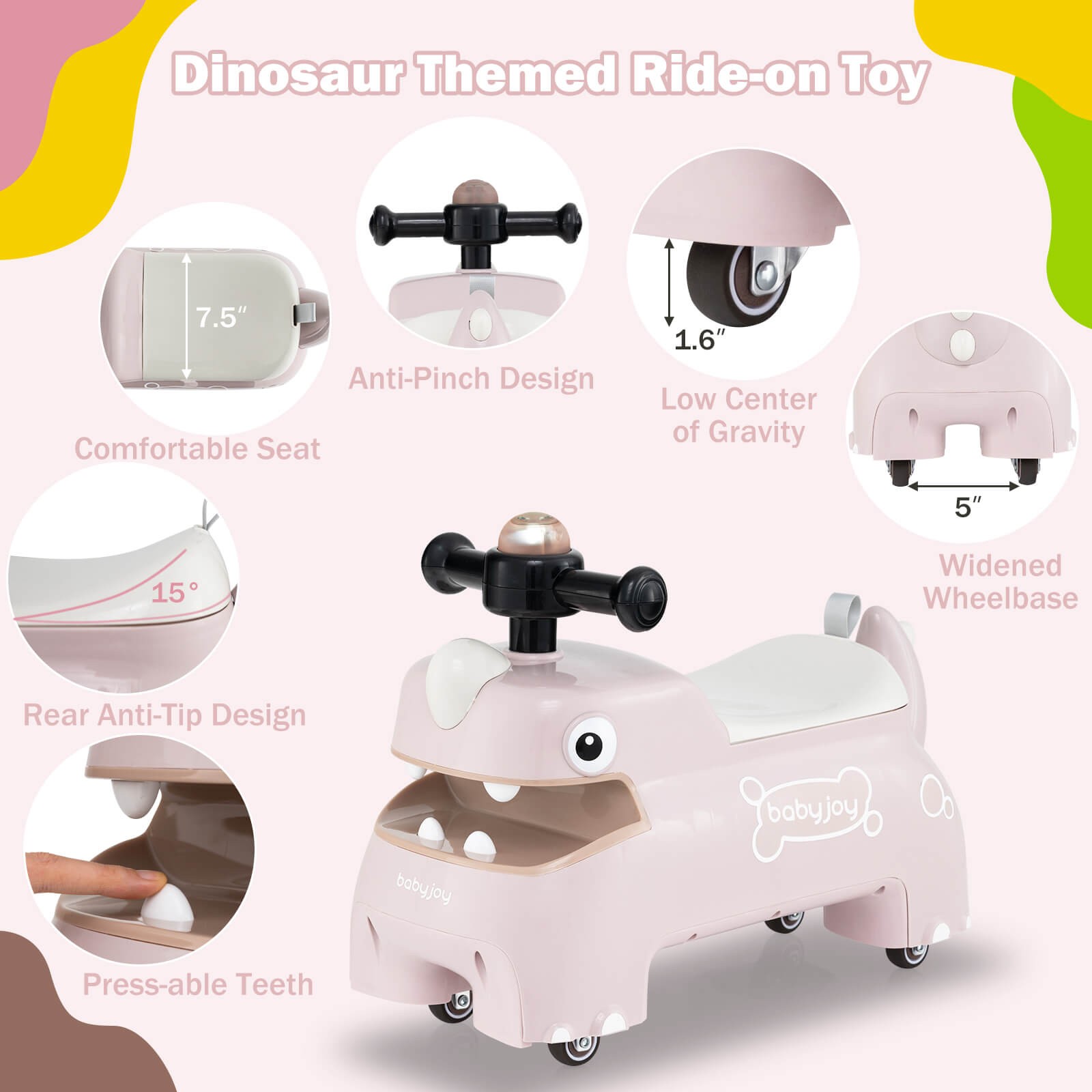 Ride on Toy Baby Dinosaur Sliding Car w/ 4 Universal Casters Under-Seat Storage