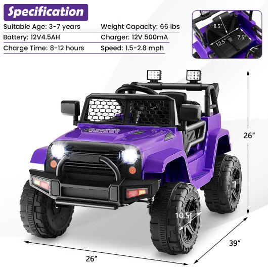12V Kids Ride On Truck Car w/ Remote Control & LED Headlights – Purple