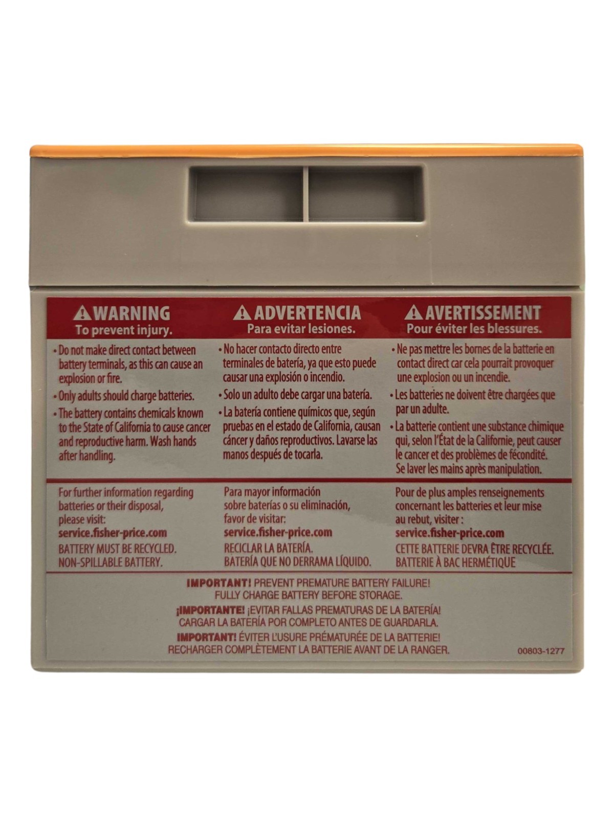 Power Wheels 00801-1776 Gray ORANGE Top 12V Battery Fisher Price 1 Year Warranty