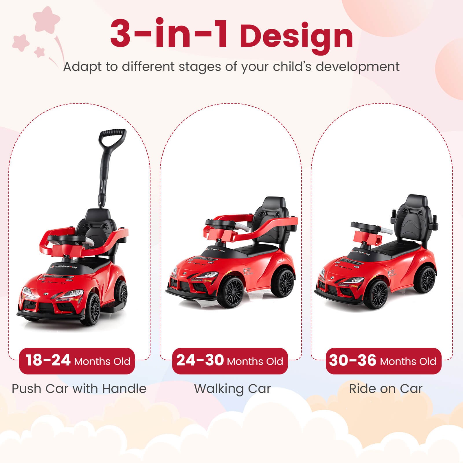 Toyota Licensed Ride on Push Car w/Parent-Control Handle Music Safety Guardrail