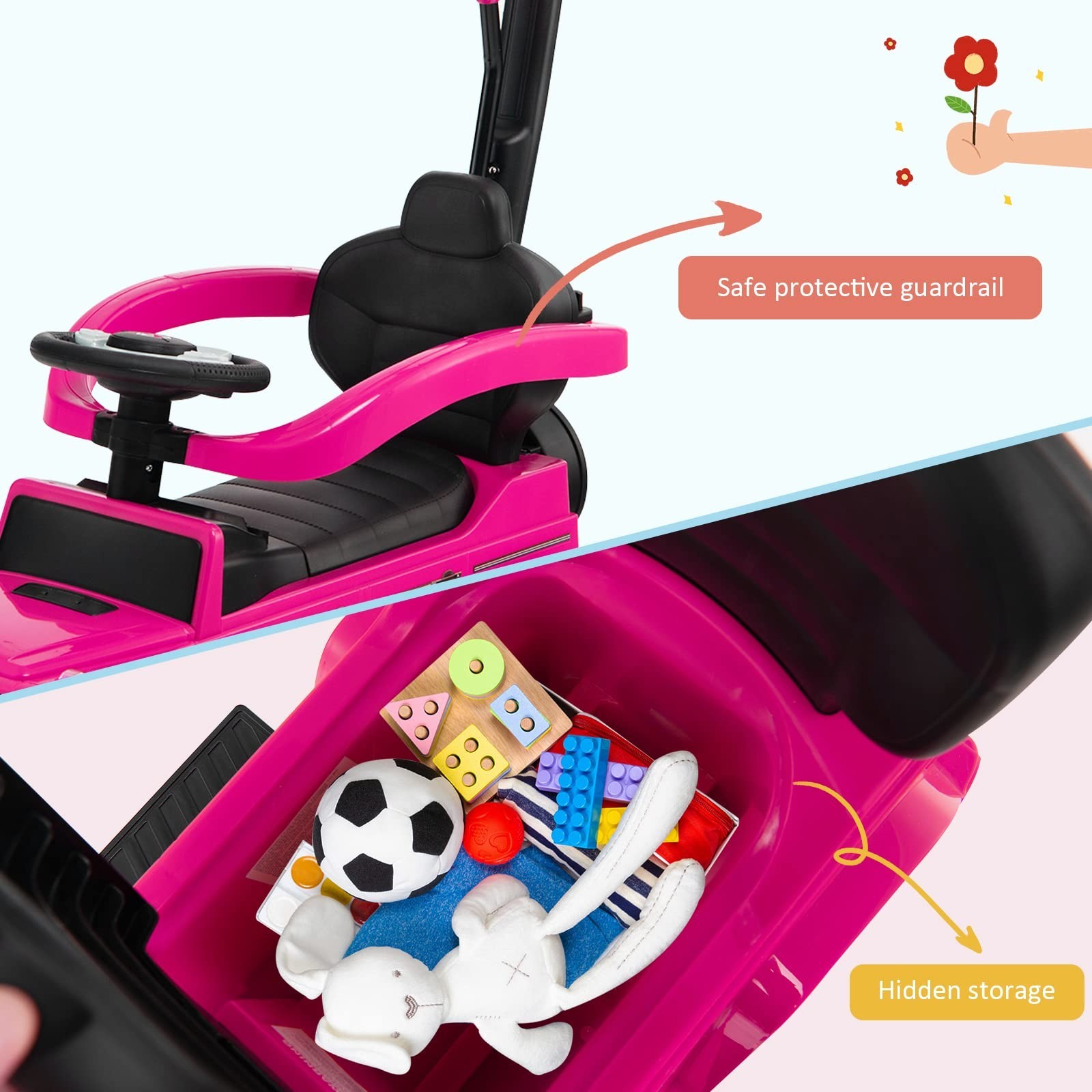 Ride-On Car for Toddlers, Removable Canopy, Anti-Tipping Design, Engine Sound, P
