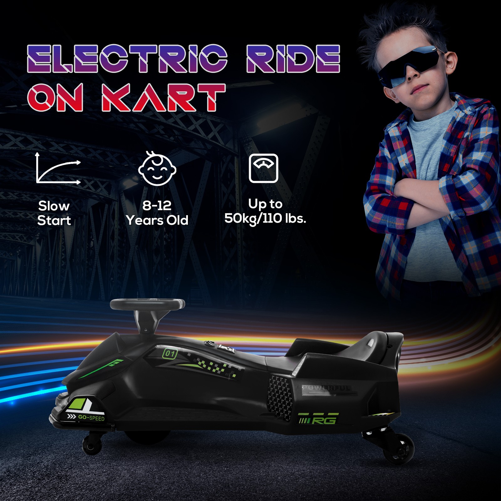 12V Electric Drifting Go Kart w/ Slow Start, Music, Lights, Pink