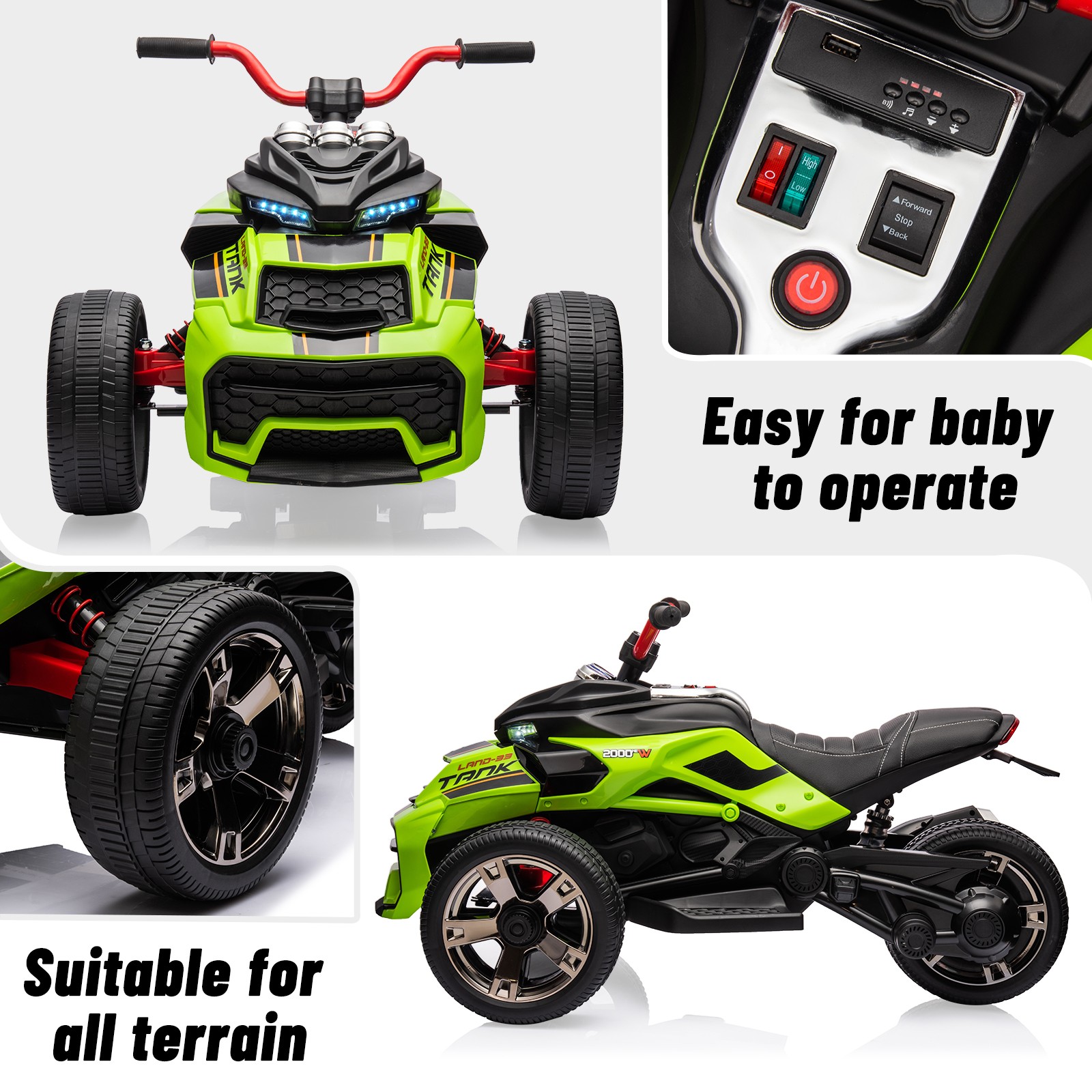 Kid Electric ATV 12V 7Ah Battery 55W Dual-Motor 7mph EVA Tires Outdoor Toy,Green