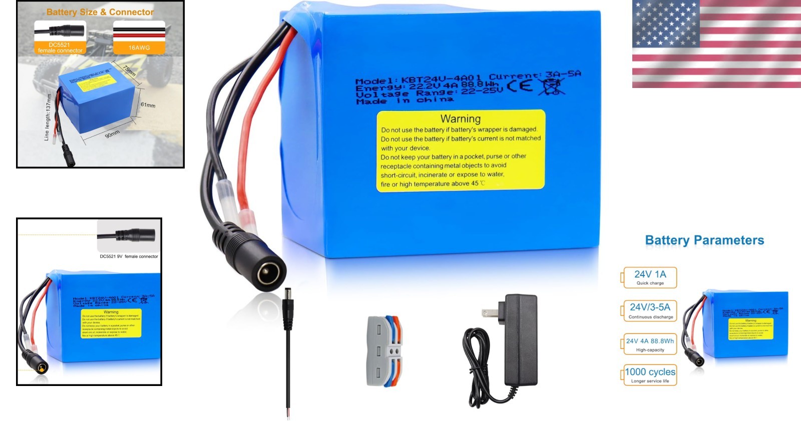 24V 4Ah Lithium-Ion Battery for Kids Ride-Ons with Fast Charger Included